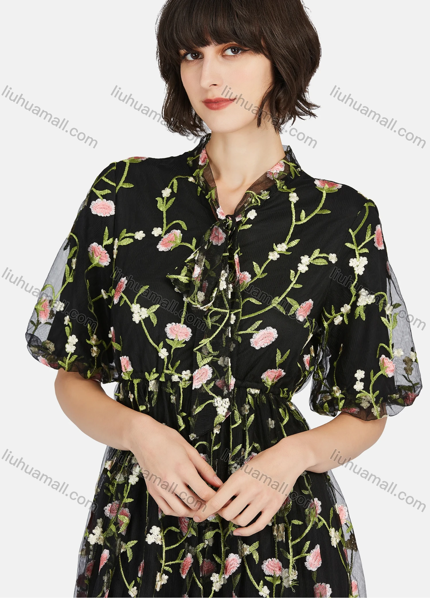 Wholesale Women's Casual Floral Embroidery Tie Neck Half Sleeve Mesh Ruffle Hem Maxi Dress - Liuhuamall