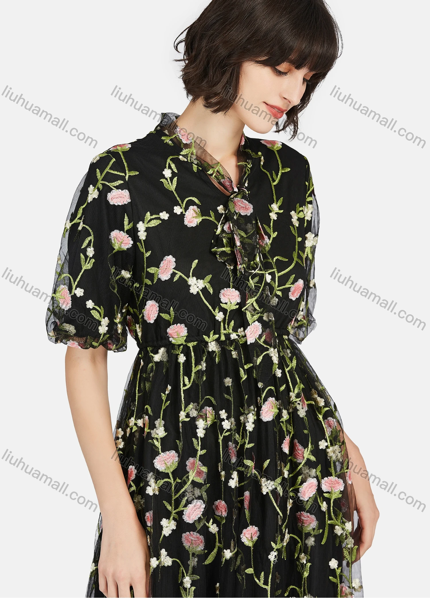 Wholesale Women's Casual Floral Embroidery Tie Neck Half Sleeve Mesh Ruffle Hem Maxi Dress - Liuhuamall