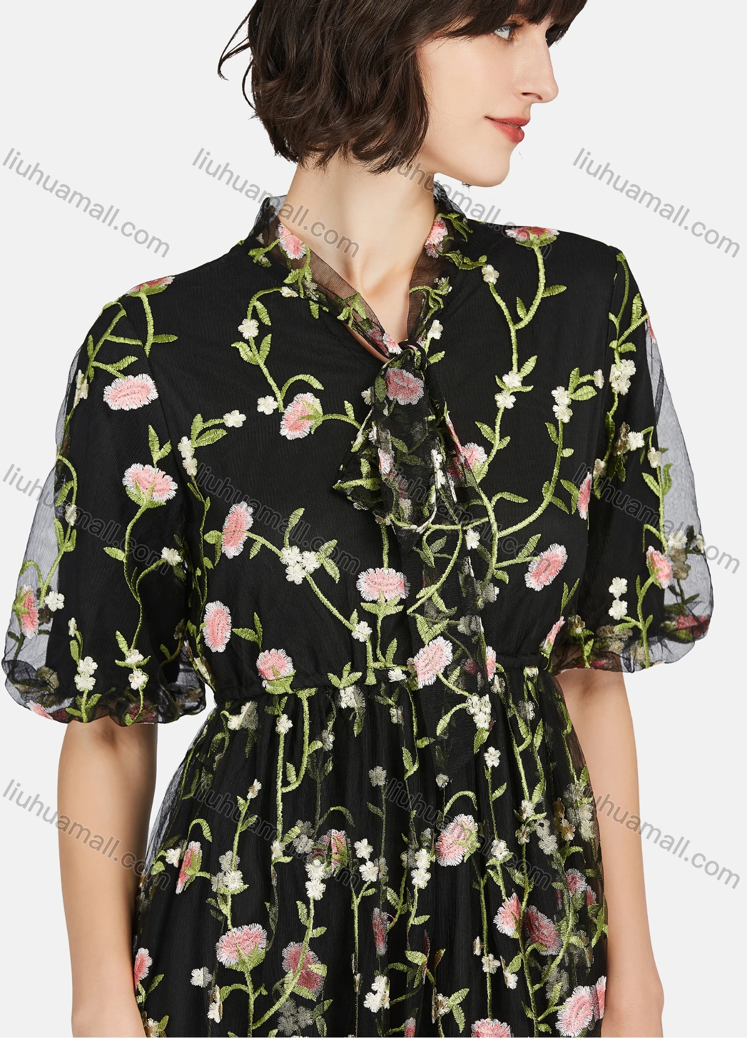 Wholesale Women's Casual Floral Embroidery Tie Neck Half Sleeve Mesh Ruffle Hem Maxi Dress - Liuhuamall