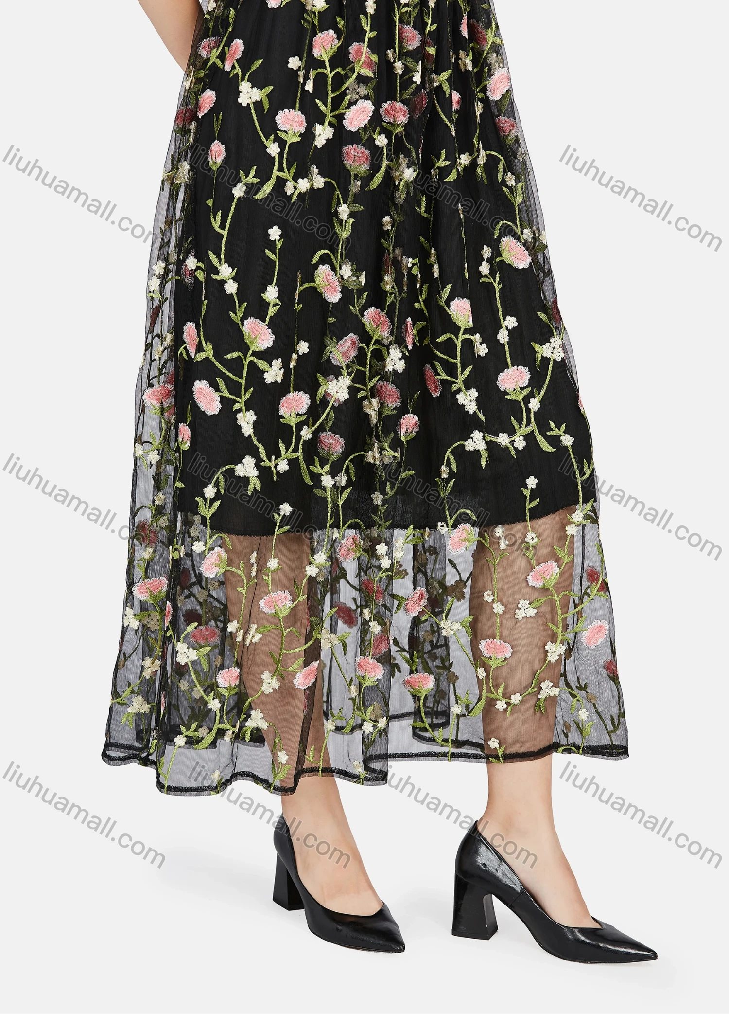 Wholesale Women's Casual Floral Embroidery Tie Neck Half Sleeve Mesh Ruffle Hem Maxi Dress - Liuhuamall