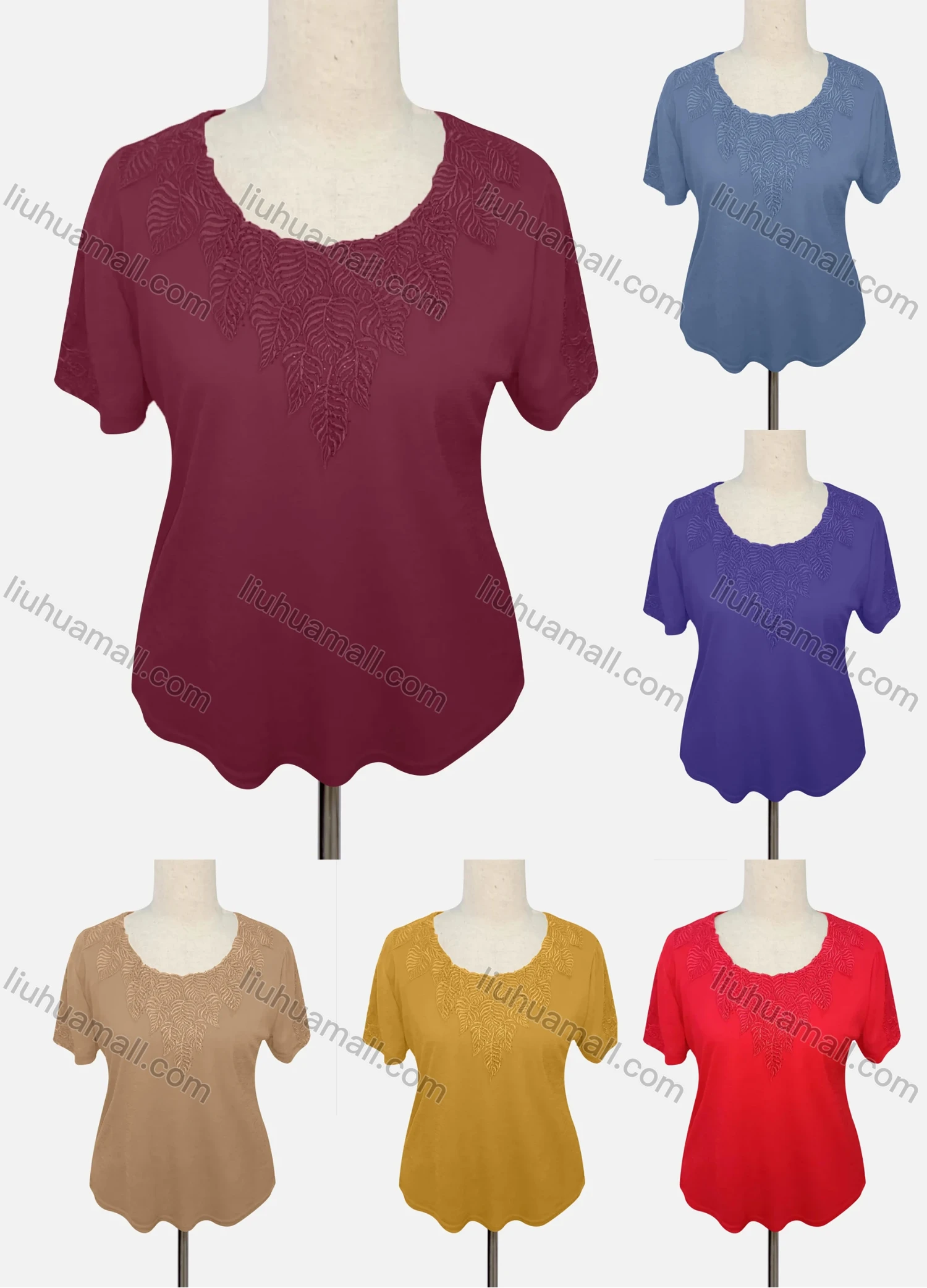 Wholesale Women's Casual Crew Neck Short Sleeve Rhinestone Appliques Blouse - Liuhuamall