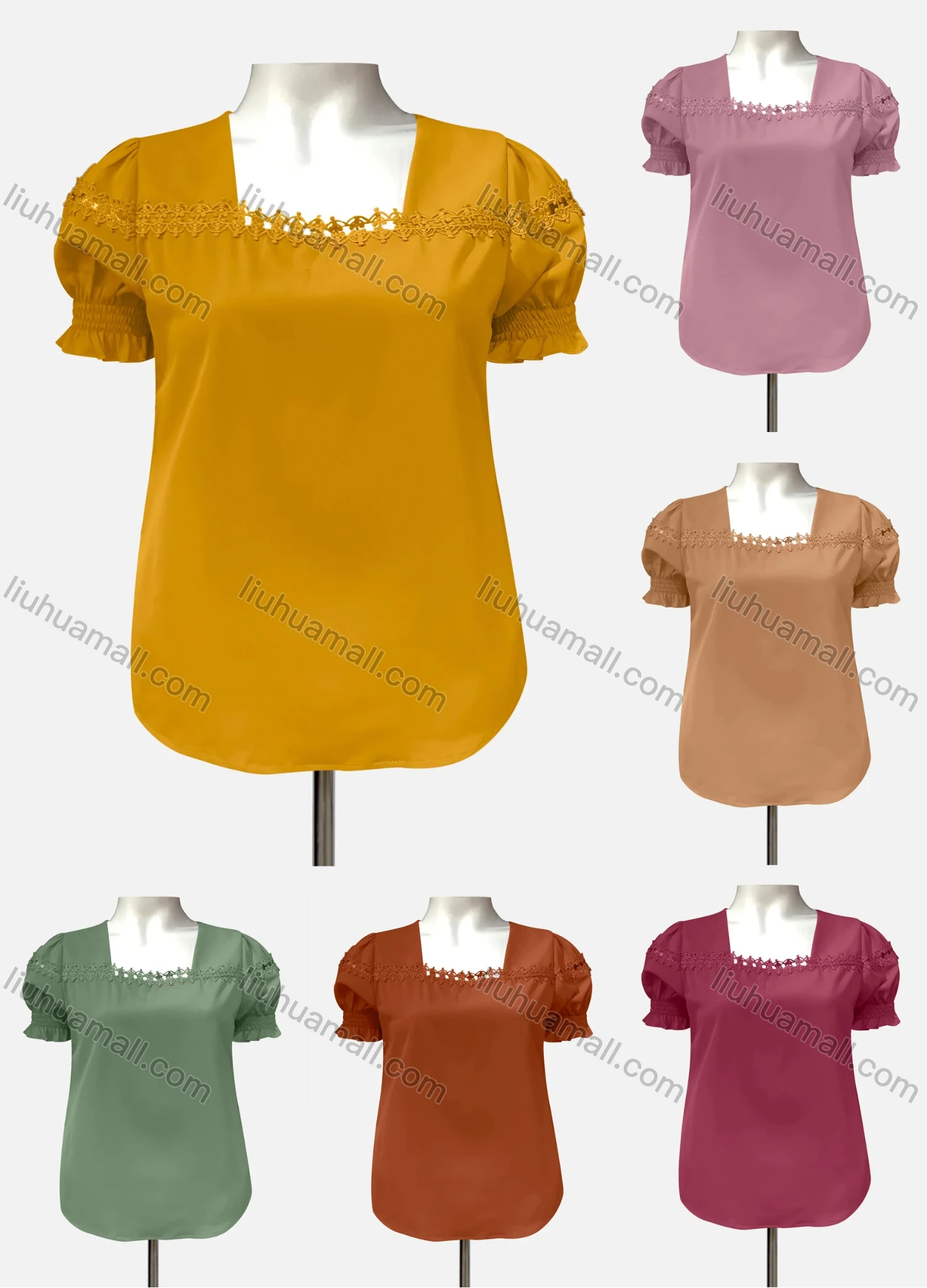Wholesale Women's Casual Square Neck Short Sleeve Appliques Blouse - Liuhuamall