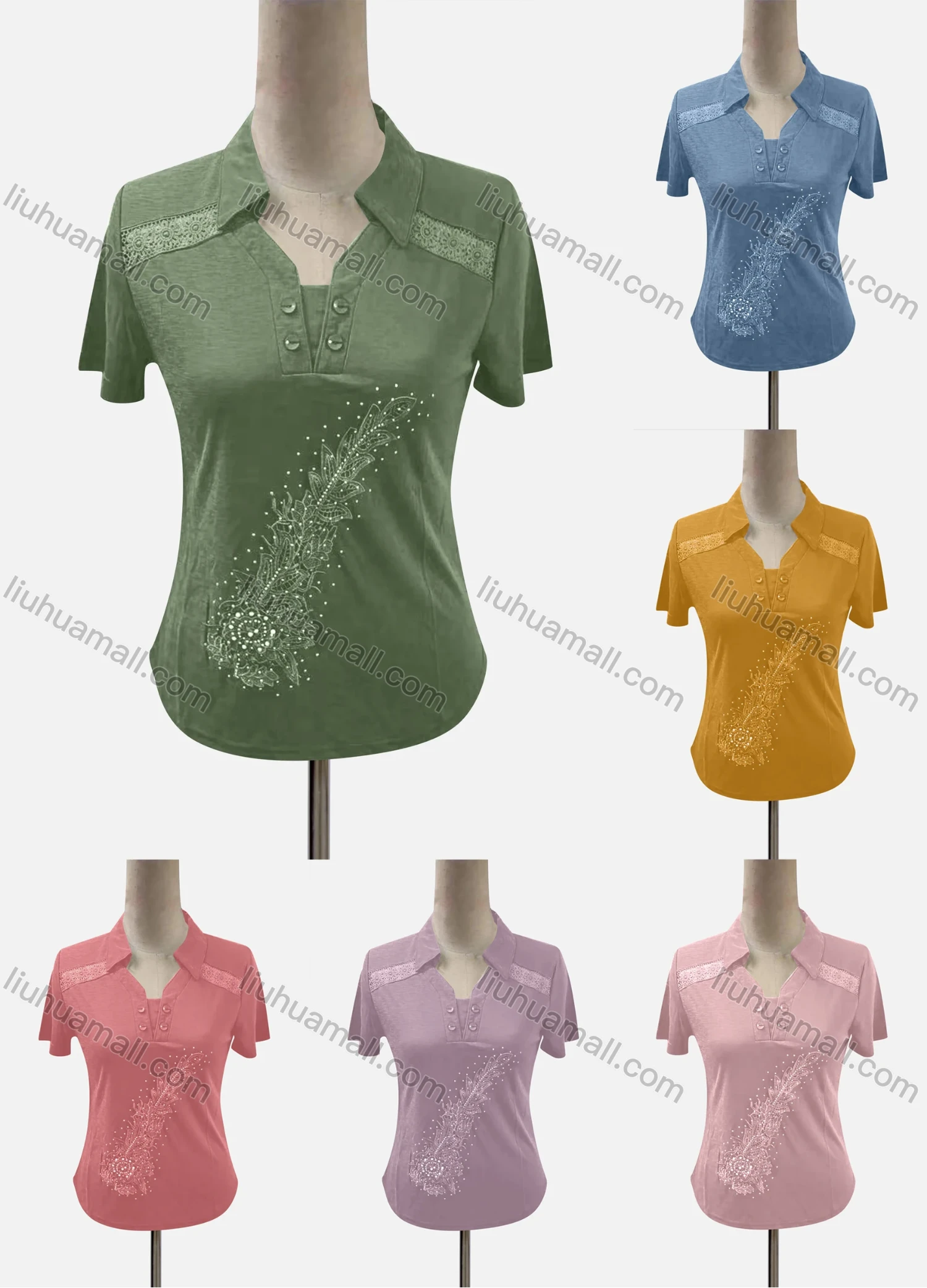 Wholesale Women's Casual Lapel Short Sleeve Embroidered Blouse - Liuhuamall