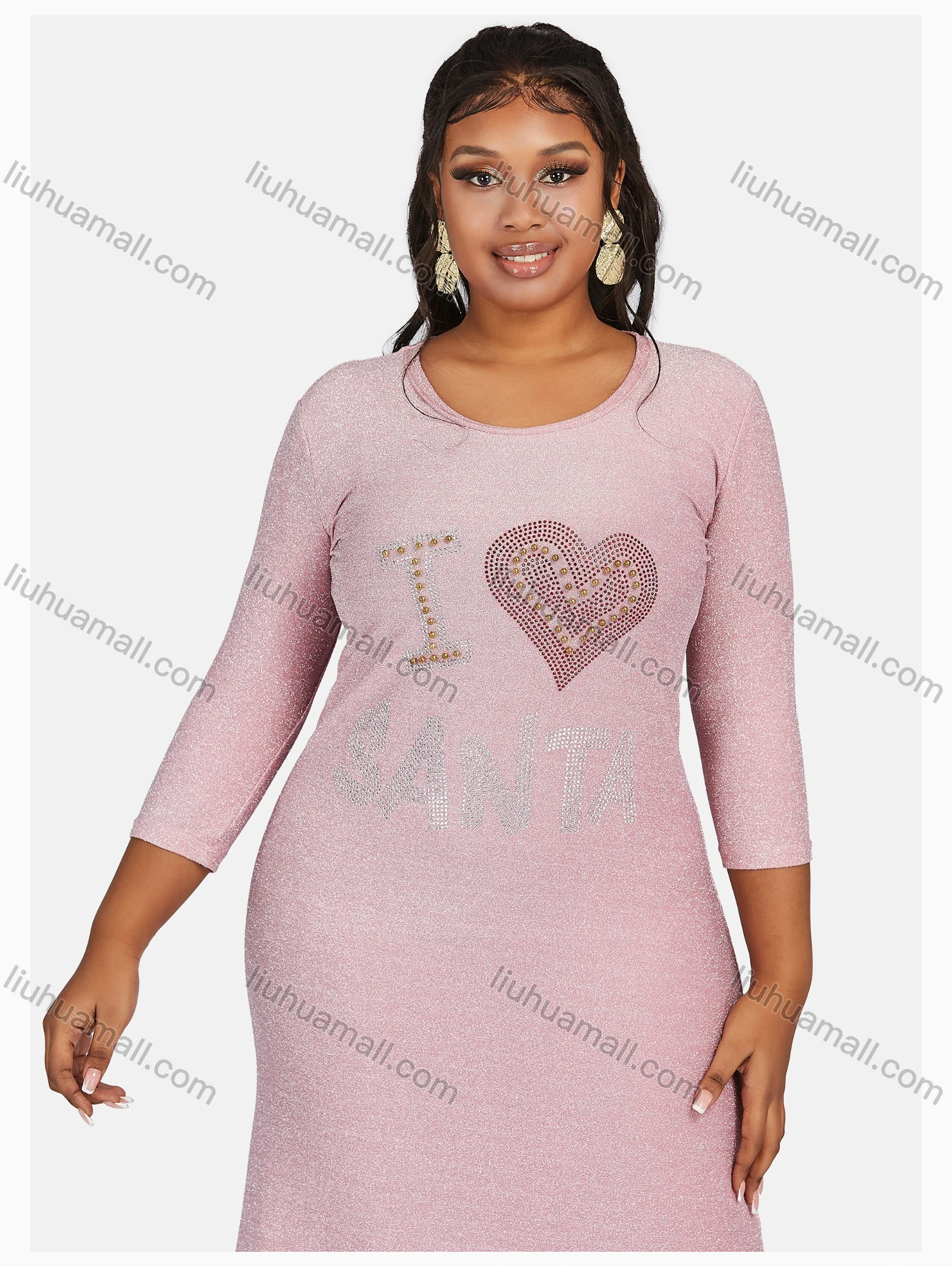 Wholesale Women's Causal Round Neck Letter Graphic Long Sleeve Rhinestone Maxi Knit Dress - Liuhuamall