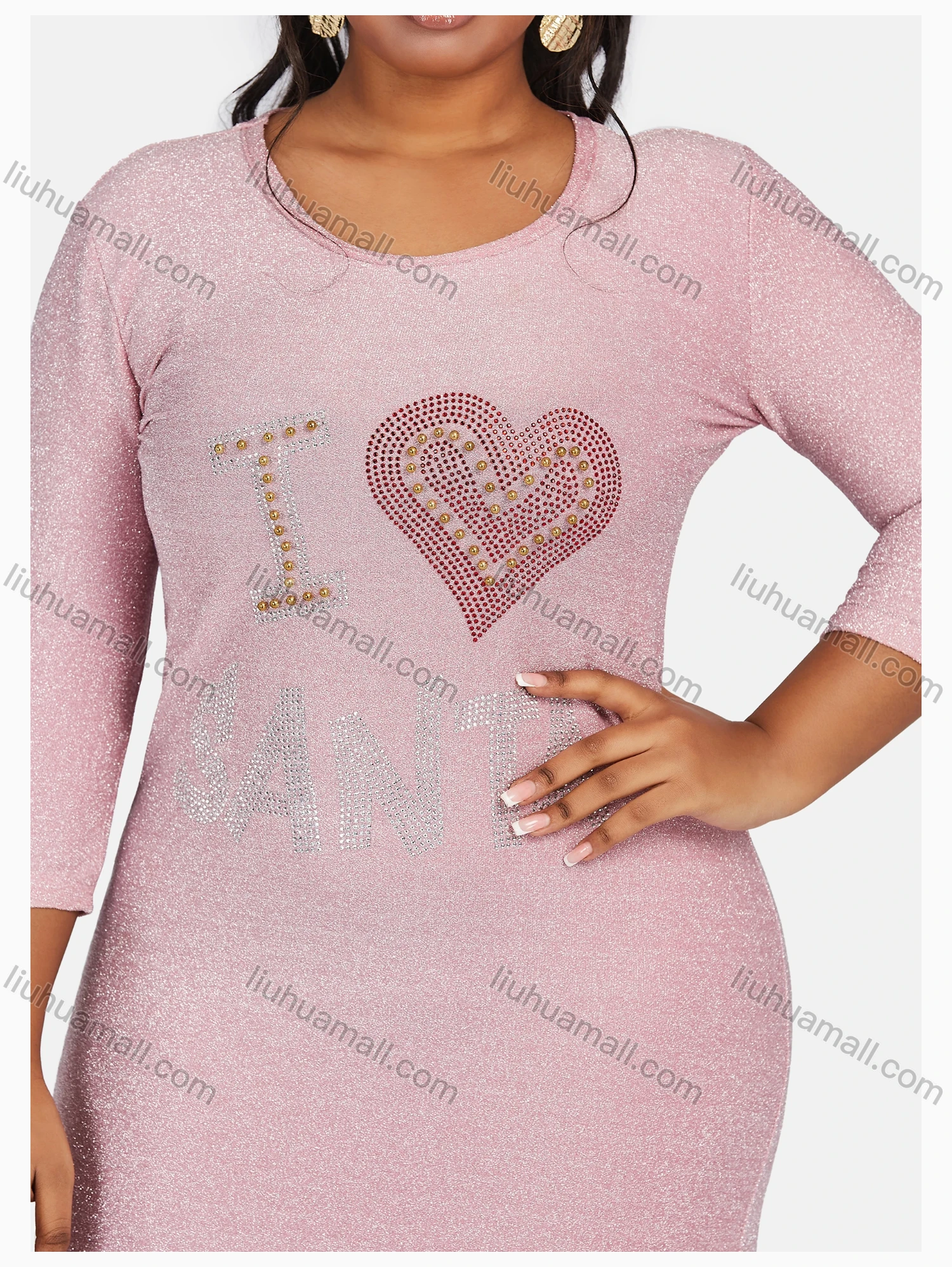 Wholesale Women's Causal Round Neck Letter Graphic Long Sleeve Rhinestone Maxi Knit Dress - Liuhuamall