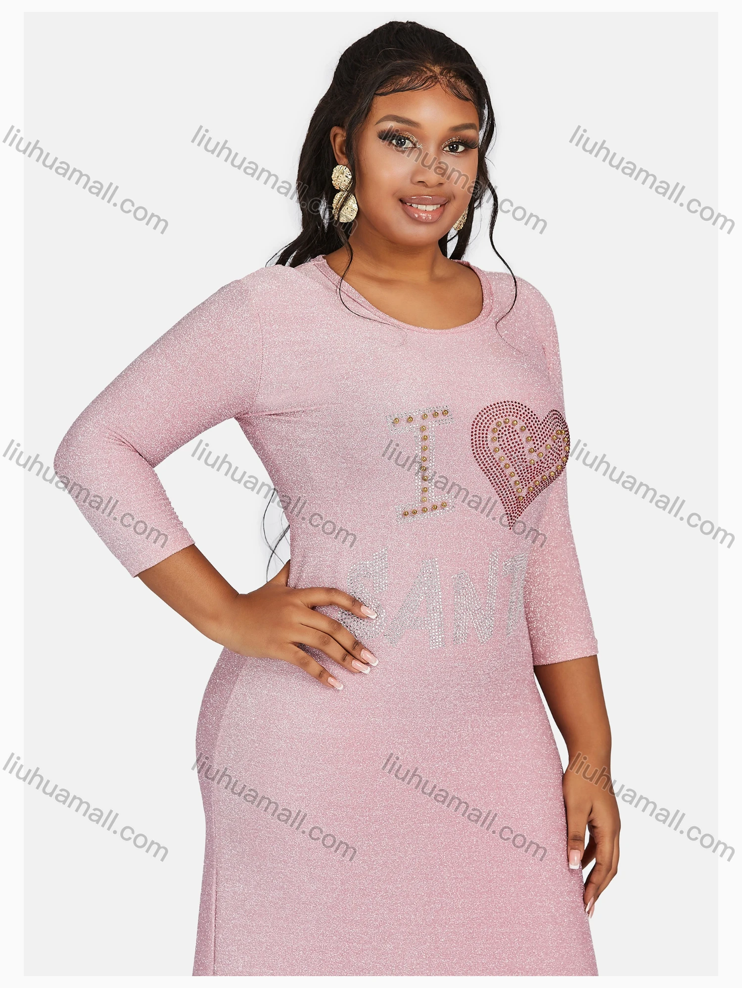 Wholesale Women's Causal Round Neck Letter Graphic Long Sleeve Rhinestone Maxi Knit Dress - Liuhuamall