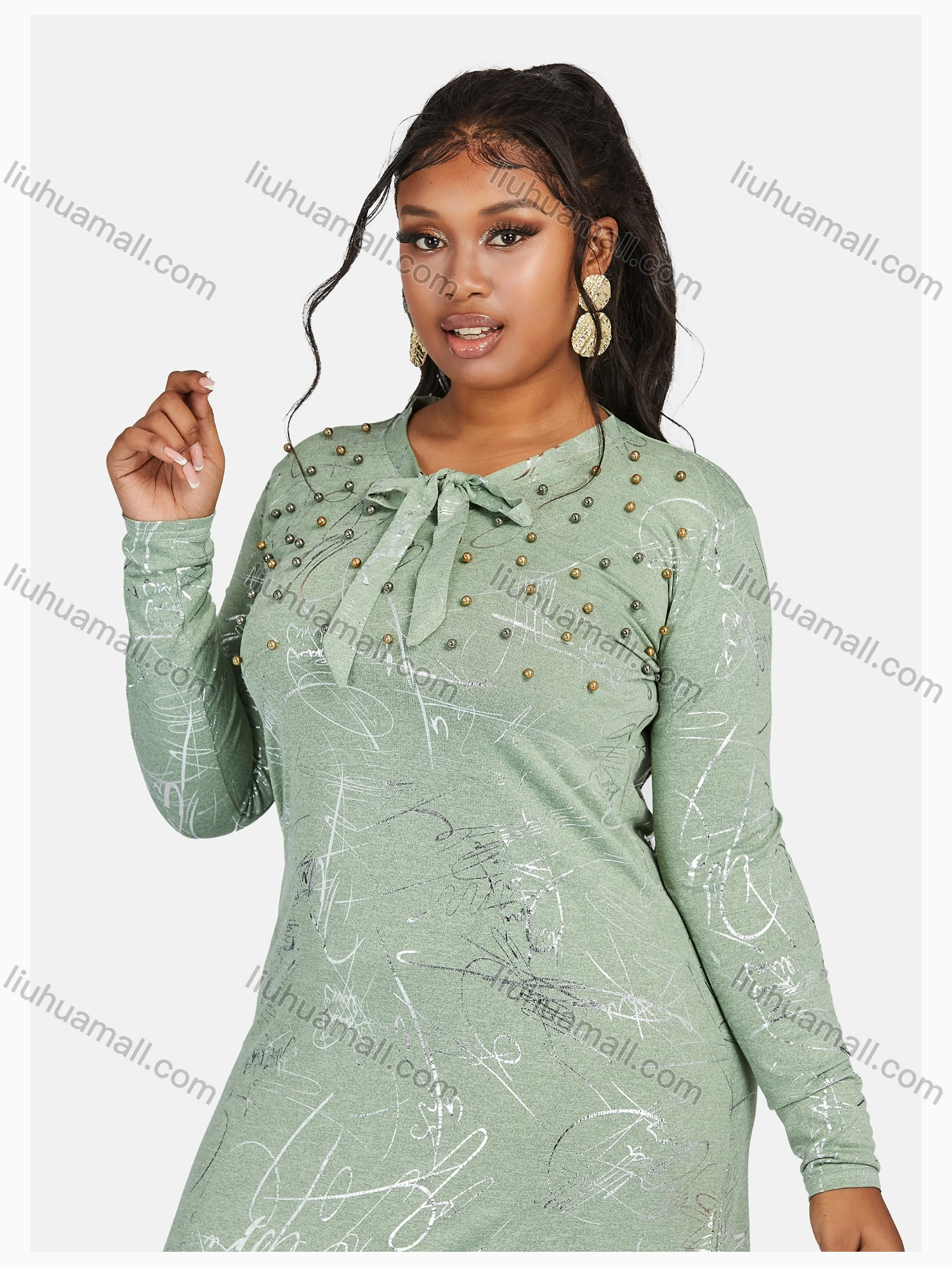 Wholesale Women's Causal Round Neck Long Sleeve Allover Print Tie Front Maxi Knit Dress - Liuhuamall