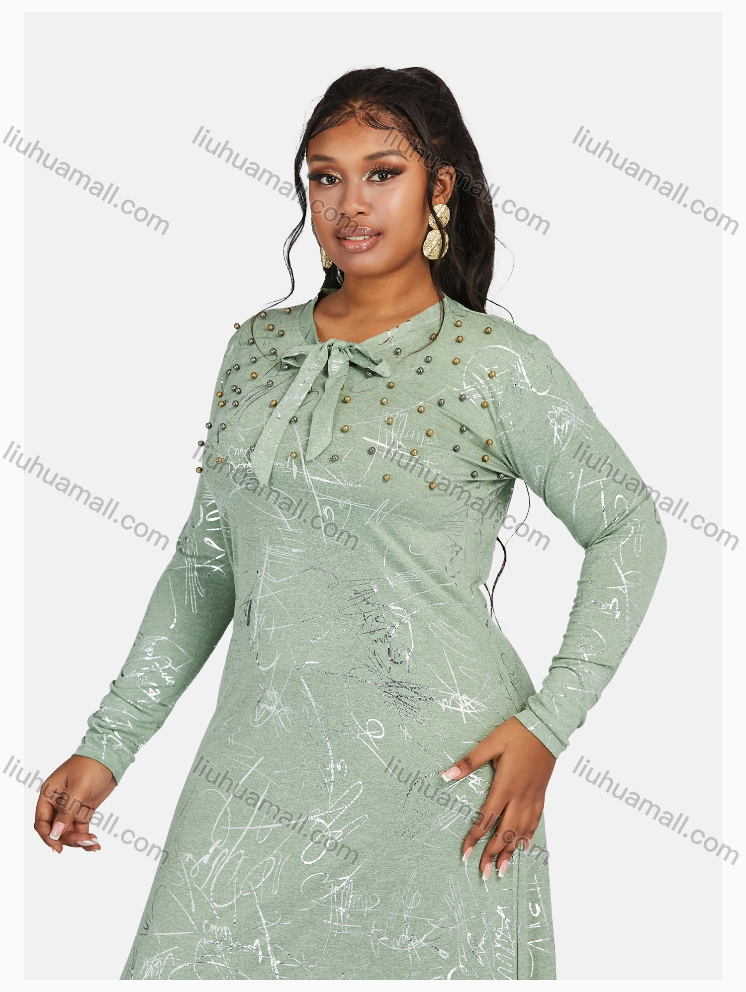 Wholesale Women's Causal Round Neck Long Sleeve Allover Print Tie Front Maxi Knit Dress - Liuhuamall