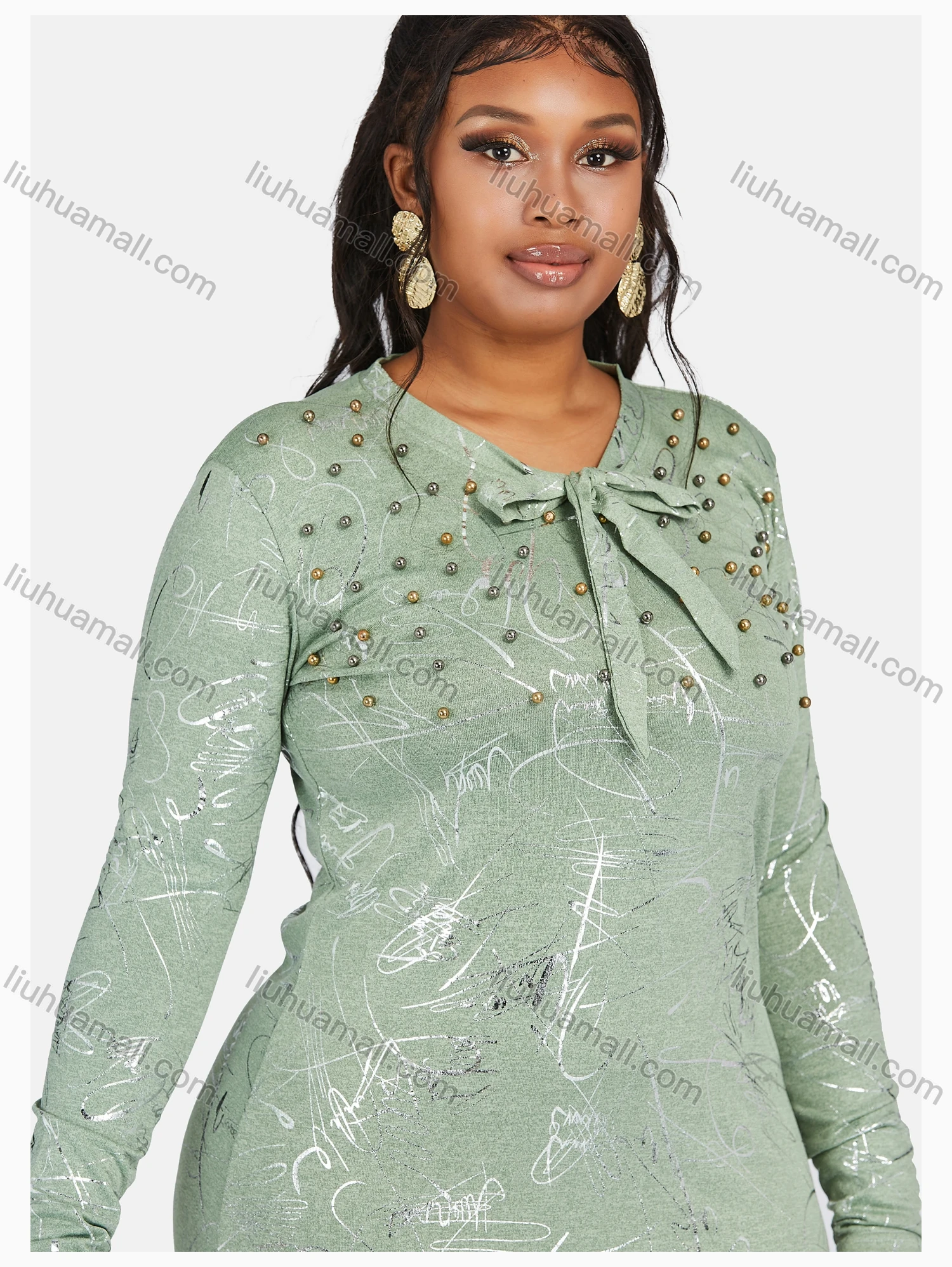 Wholesale Women's Causal Round Neck Long Sleeve Allover Print Tie Front Maxi Knit Dress - Liuhuamall