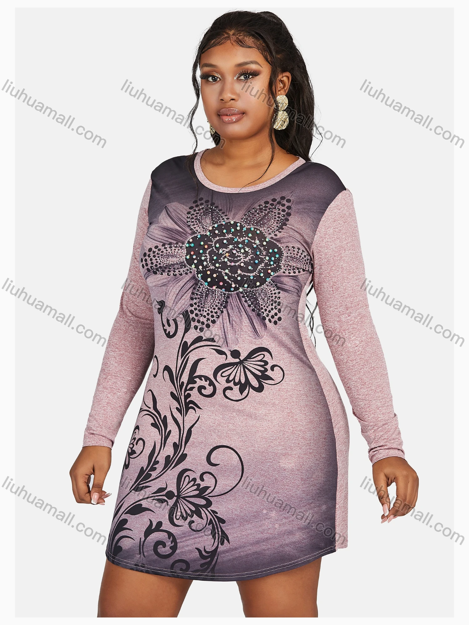 Wholesale Women's Causal Round Neck Long Sleeve Floral Print Rhinestone Short Dress - Liuhuamall