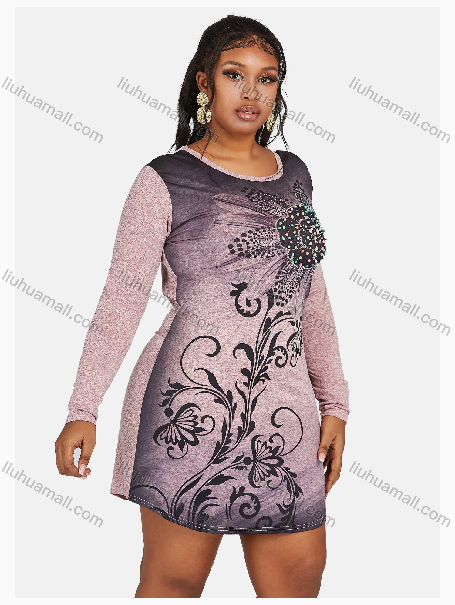 Wholesale Women's Causal Round Neck Long Sleeve Floral Print Rhinestone Short Dress - Liuhuamall