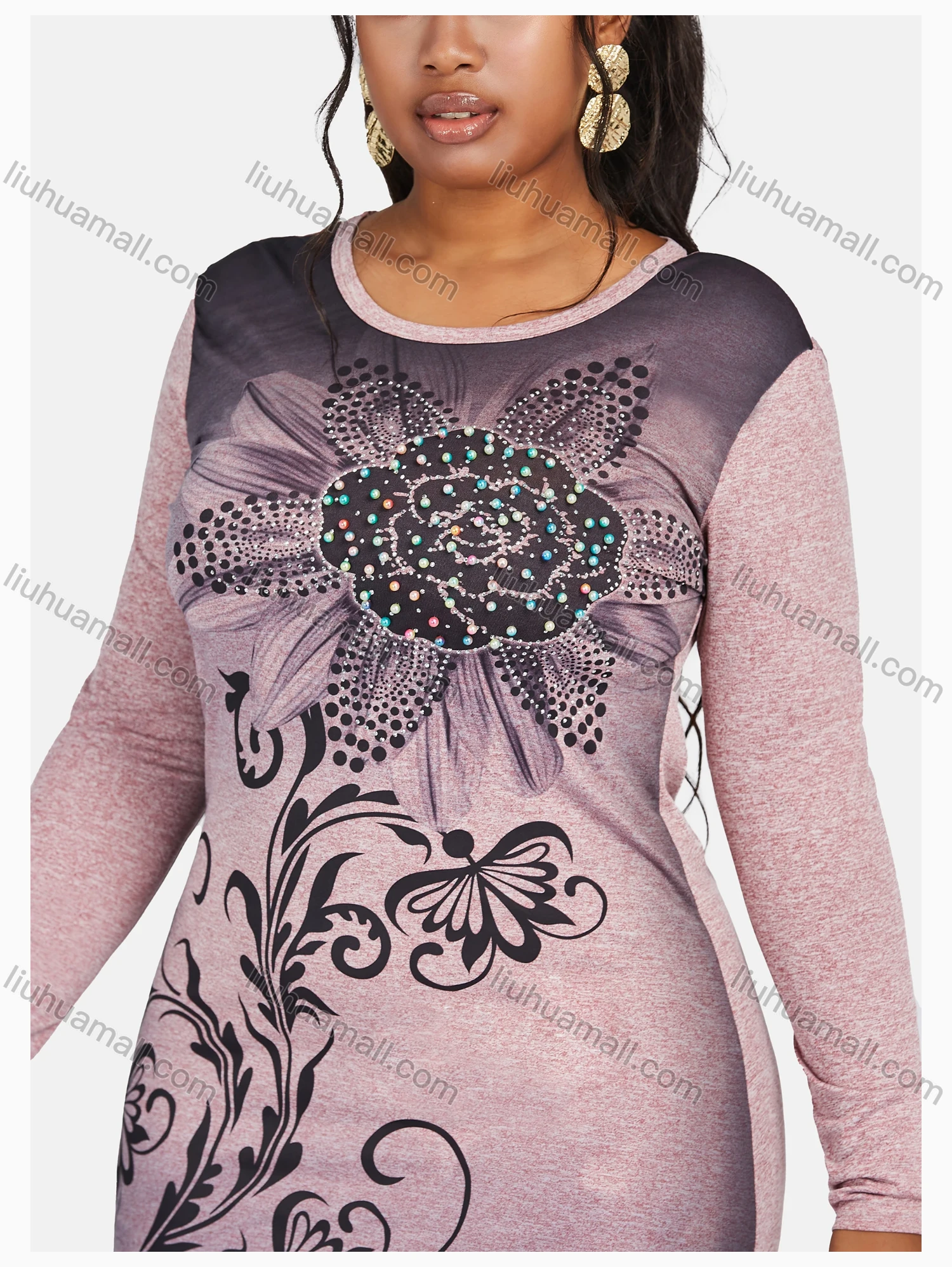 Wholesale Women's Causal Round Neck Long Sleeve Floral Print Rhinestone Short Dress - Liuhuamall