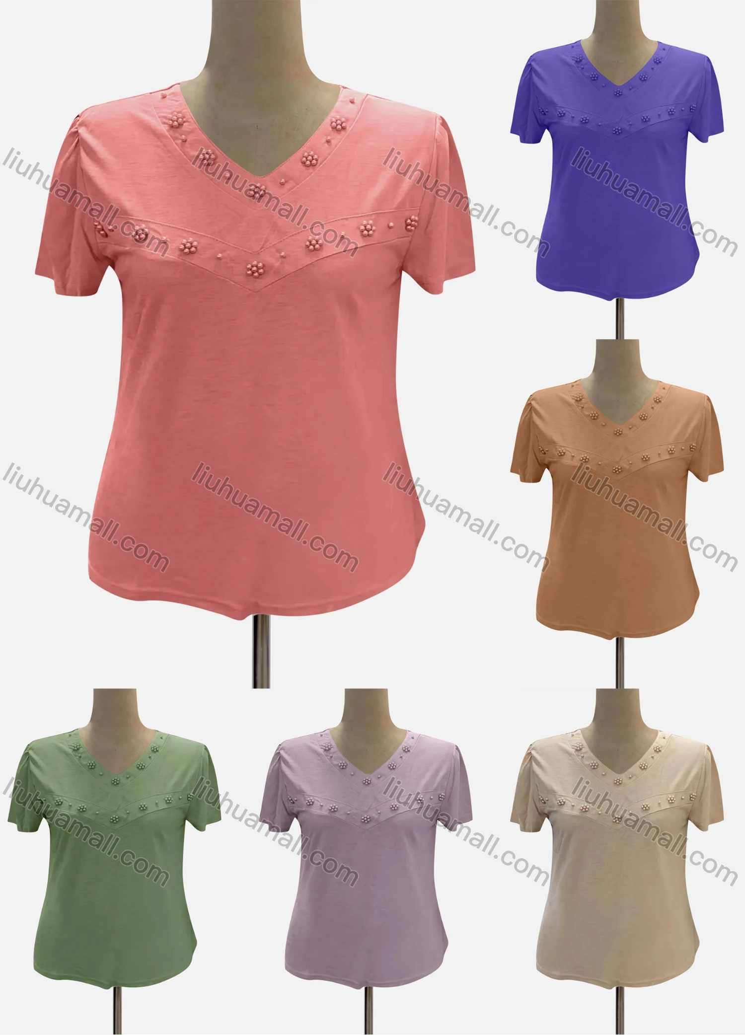 Wholesale Women's Casual V Neck Short Sleeve Beaded Blouse - Liuhuamall