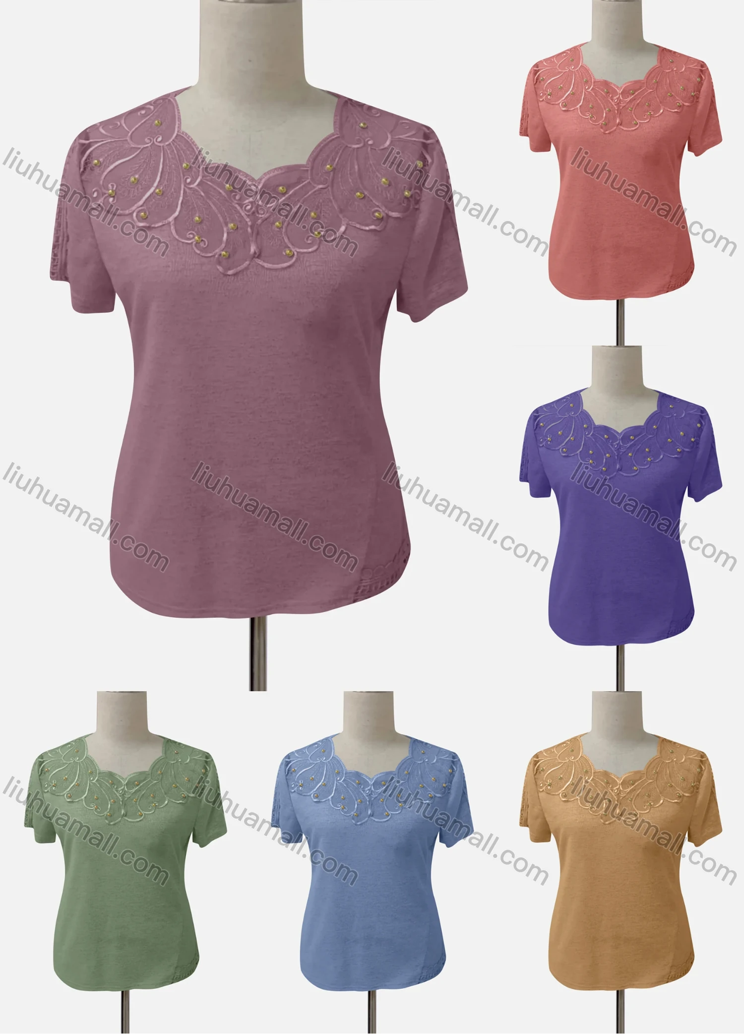 Wholesale Women's Casual V Neck Short Sleeve Beaded Blouse - Liuhuamall