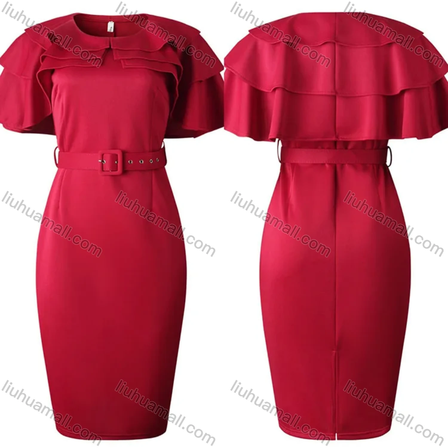 Wholesale Women's Plain Layered Ruffle Trim Bodycon Cocktail Midi Dress With Belt - Liuhuamall
