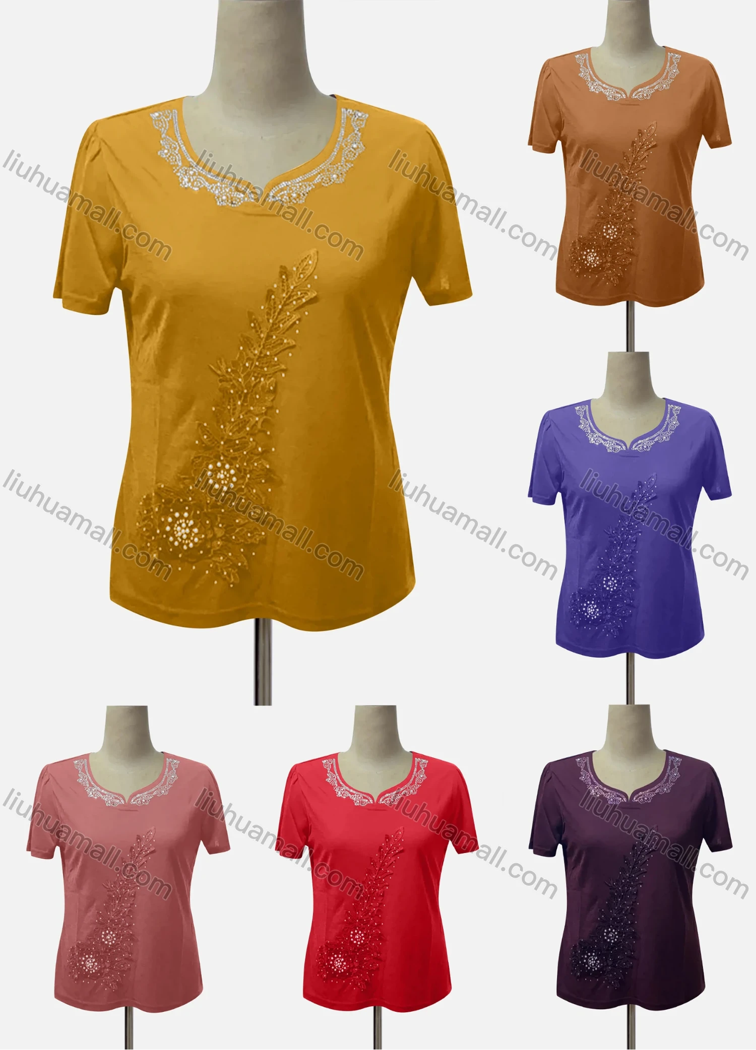 Wholesale Women's Casual Notched Neck Short Sleeve Rhinestone Blouse - Liuhuamall
