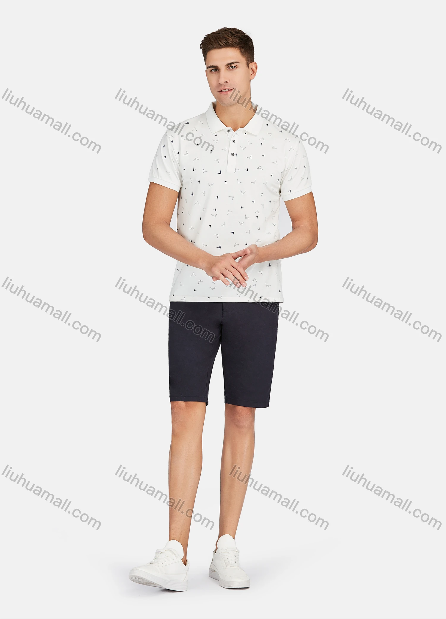 Wholesale Men's Casual Short Sleeve Allover Print Button Front Polo Shirts - Liuhuamall