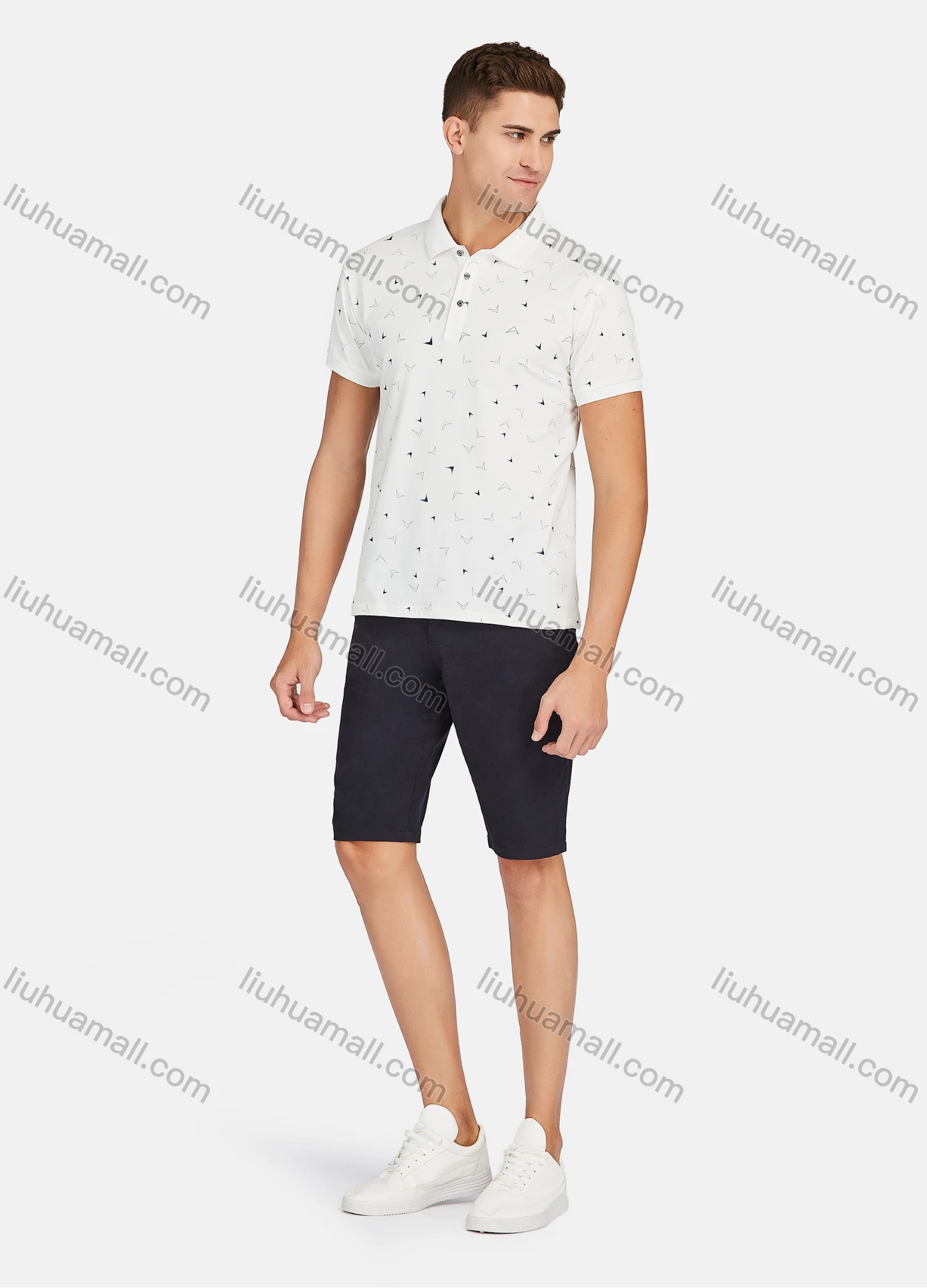 Wholesale Men's Casual Short Sleeve Allover Print Button Front Polo Shirts - Liuhuamall