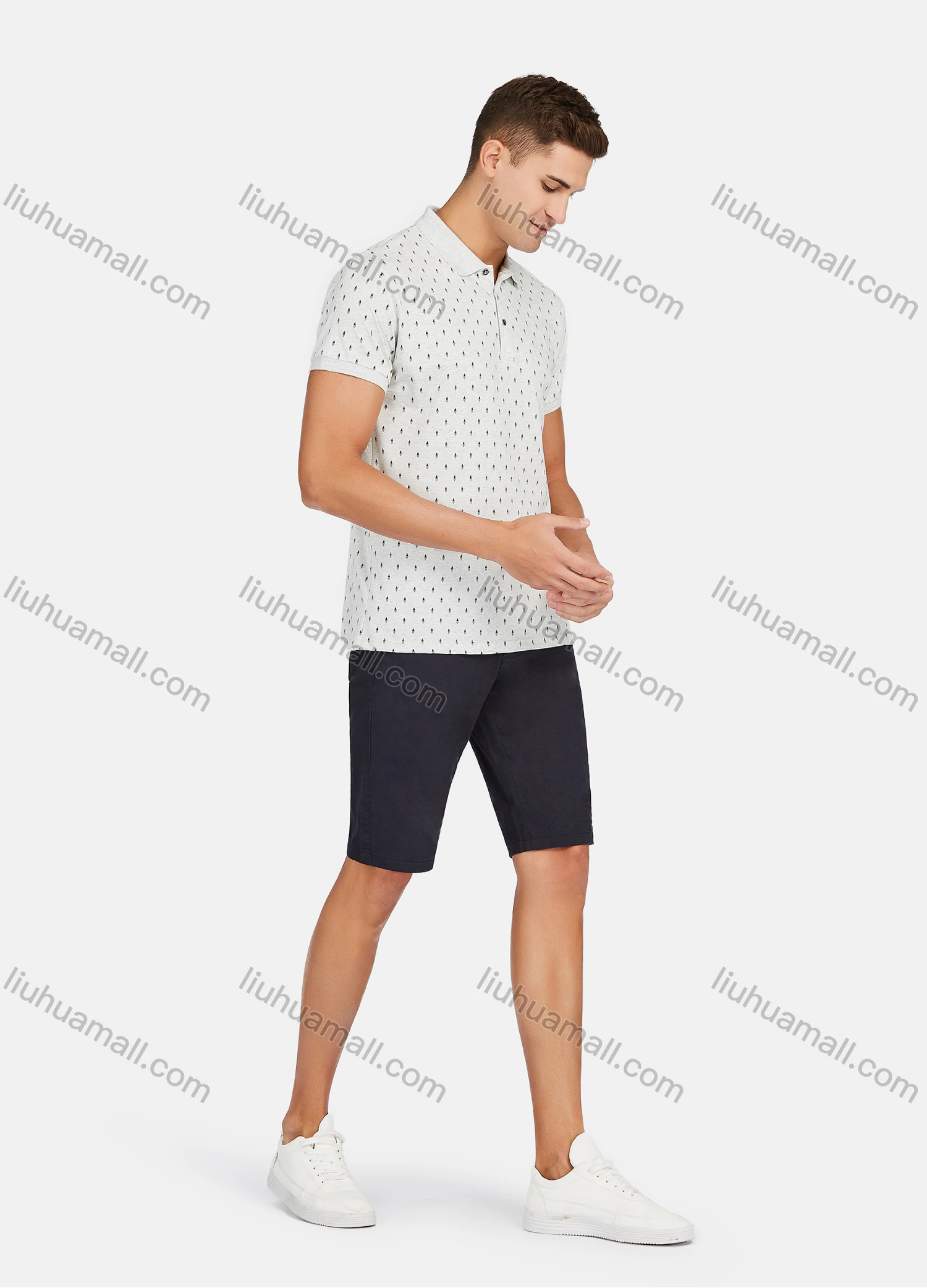 Wholesale Men's Casual Short Sleeve Allover Print Button Front Polo Shirts - Liuhuamall