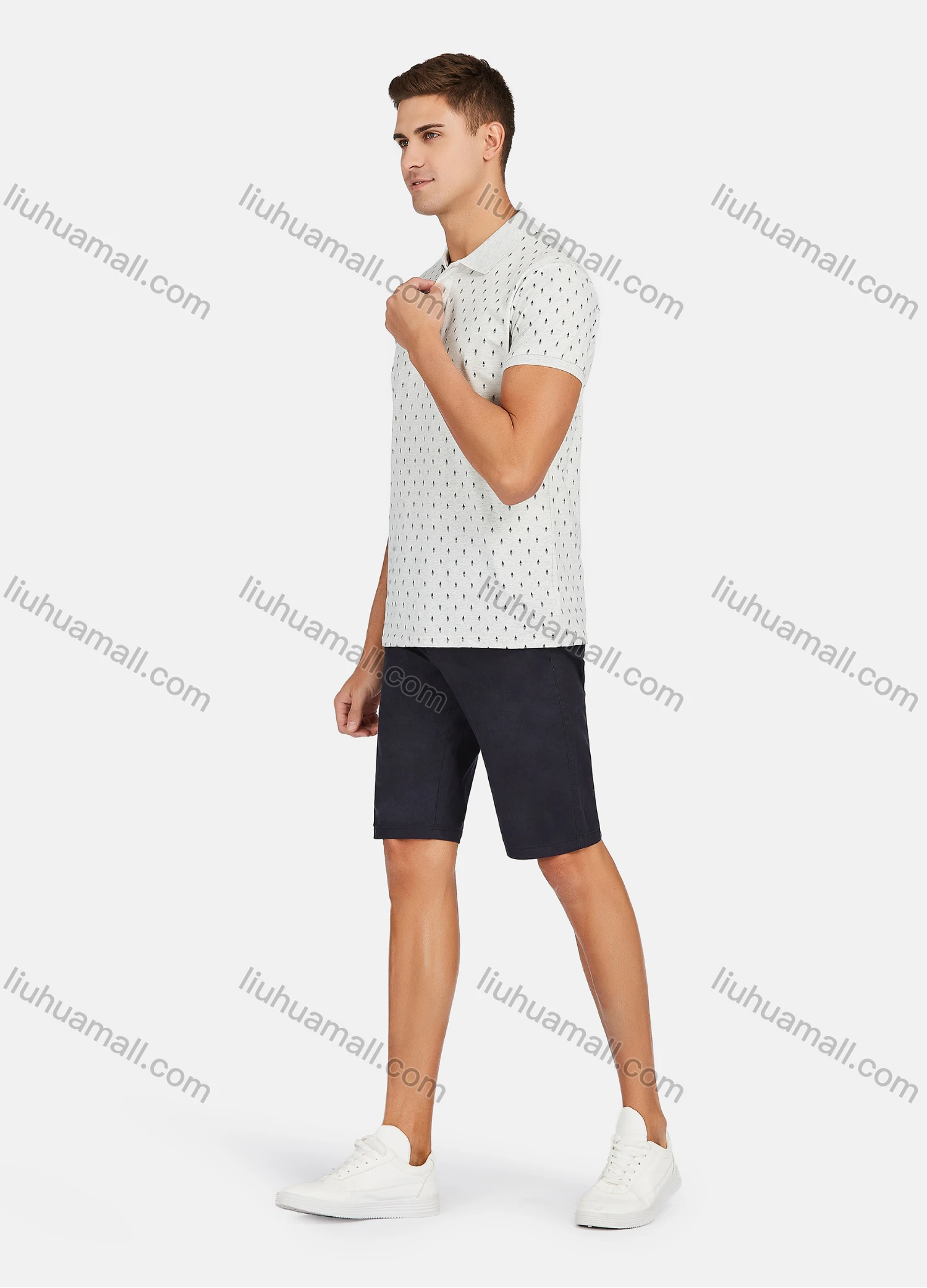 Wholesale Men's Casual Short Sleeve Allover Print Button Front Polo Shirts - Liuhuamall