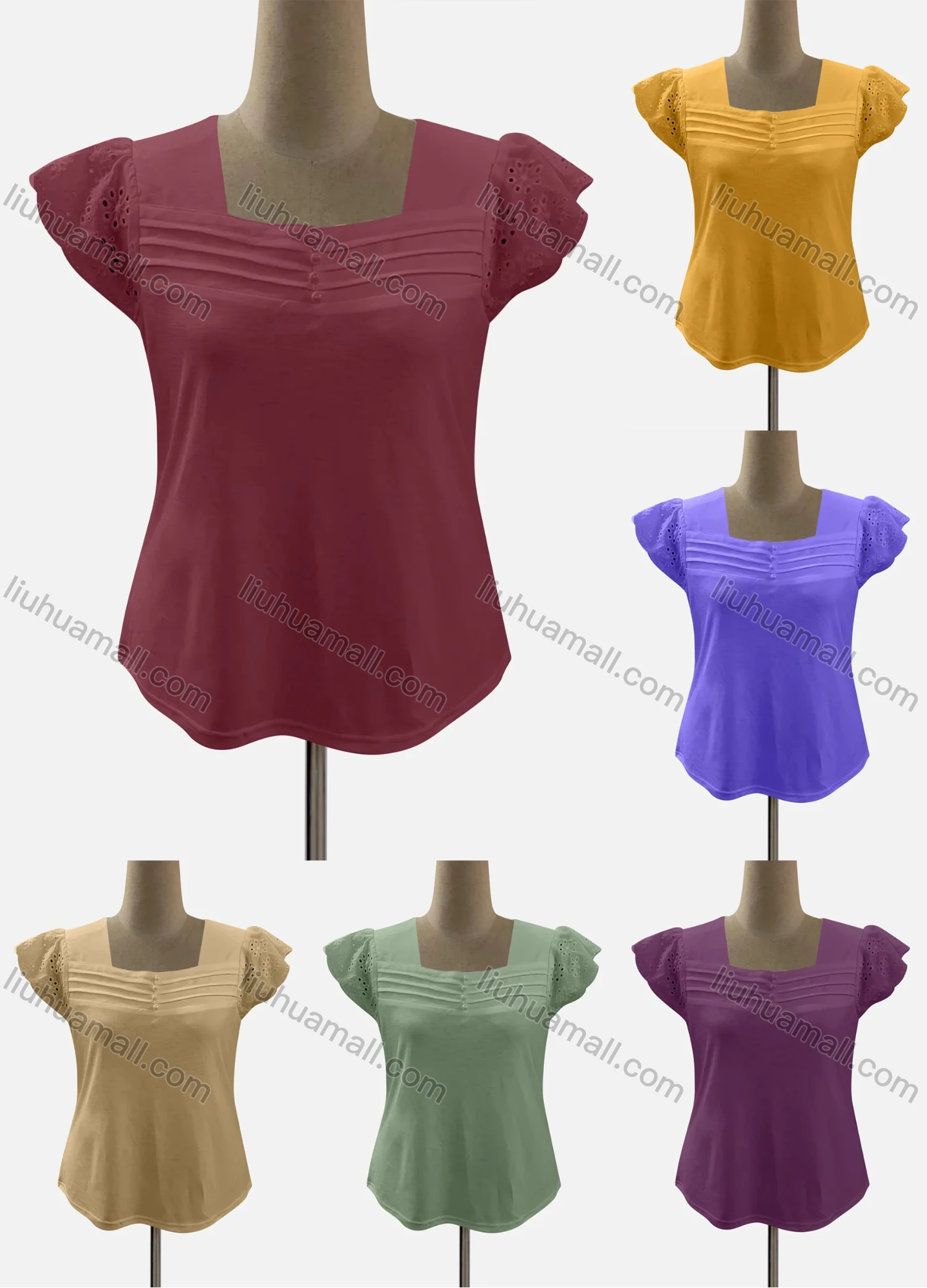 Wholesale Women's Casual Square Neck Ruffle Sleeve Ruched Beaded Blouse - Liuhuamall