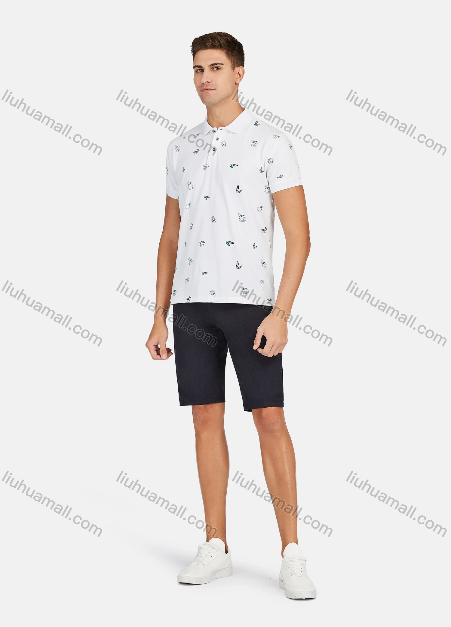Wholesale Men's Casual Short Sleeve Feather Print Button Front Polo Shirts - Liuhuamall