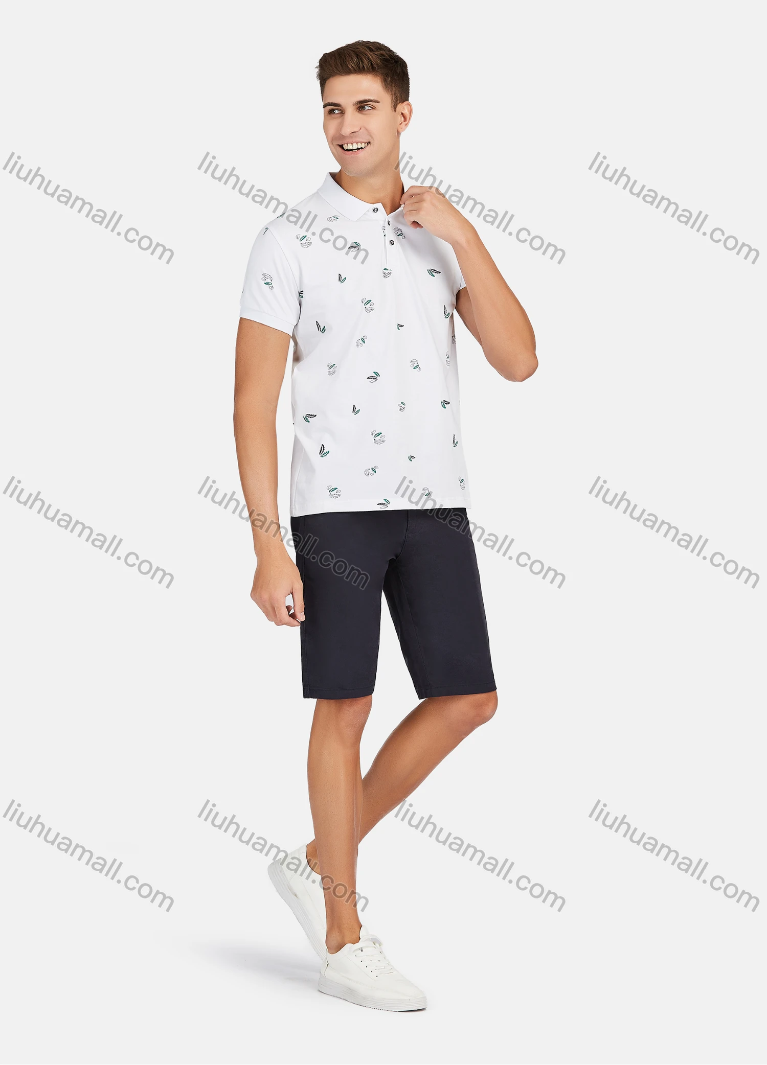 Wholesale Men's Casual Short Sleeve Feather Print Button Front Polo Shirts - Liuhuamall