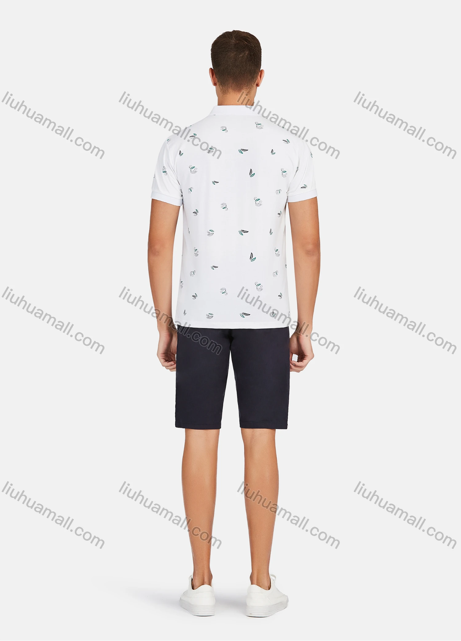 Wholesale Men's Casual Short Sleeve Feather Print Button Front Polo Shirts - Liuhuamall