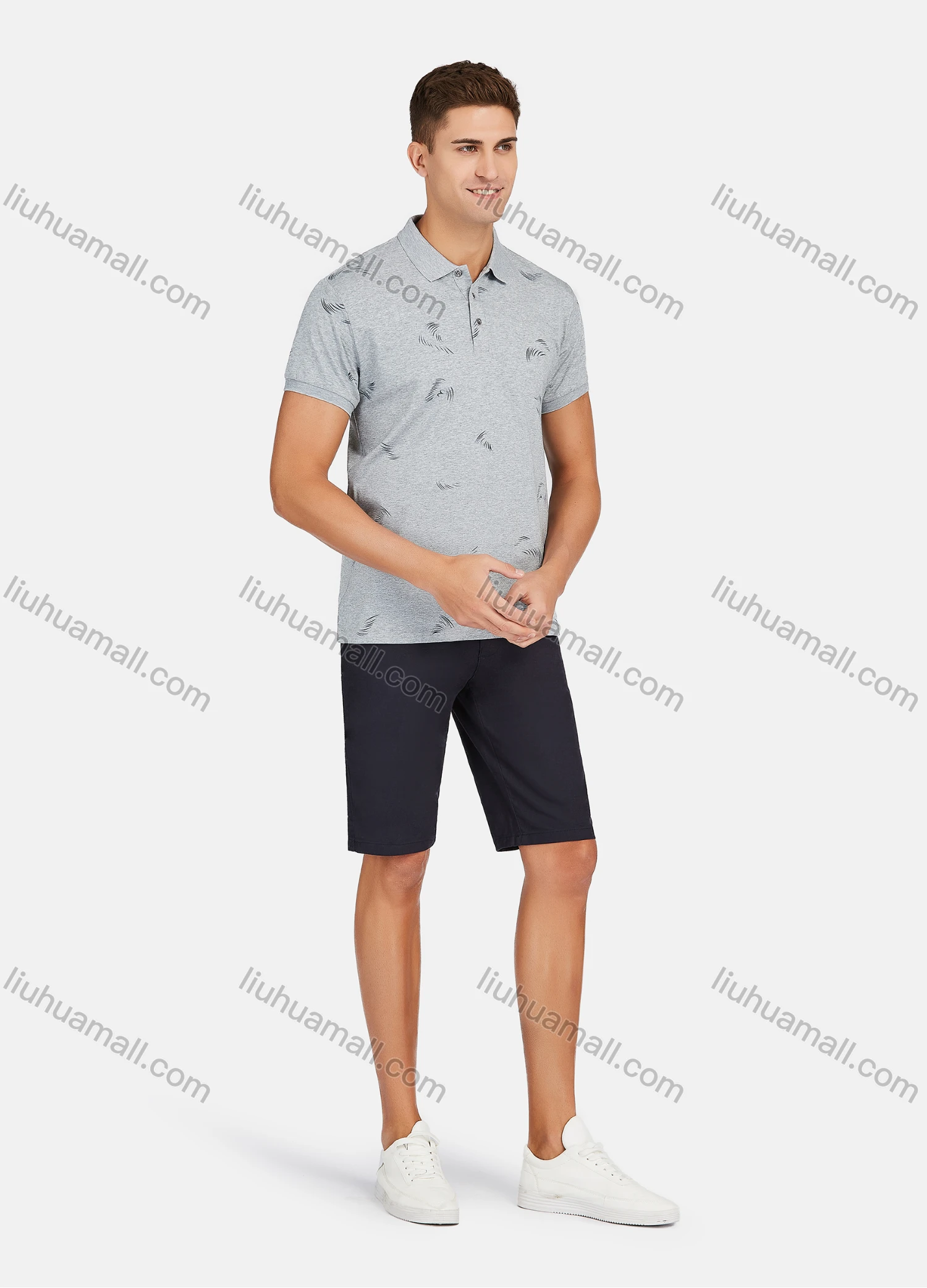 Wholesale Men's Casual Short Sleeve Feather Print Button Front Polo Shirts - Liuhuamall