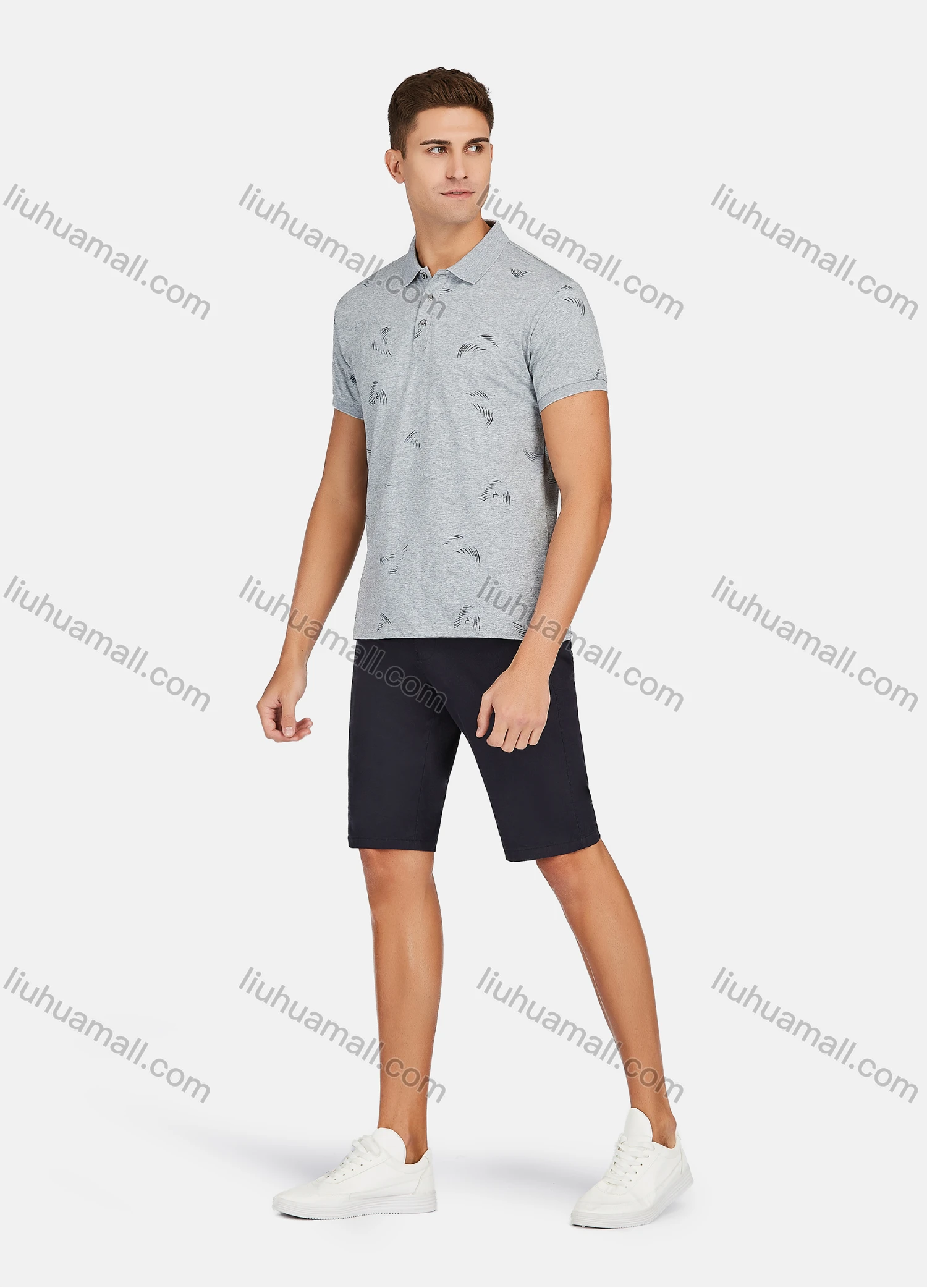 Wholesale Men's Casual Short Sleeve Feather Print Button Front Polo Shirts - Liuhuamall