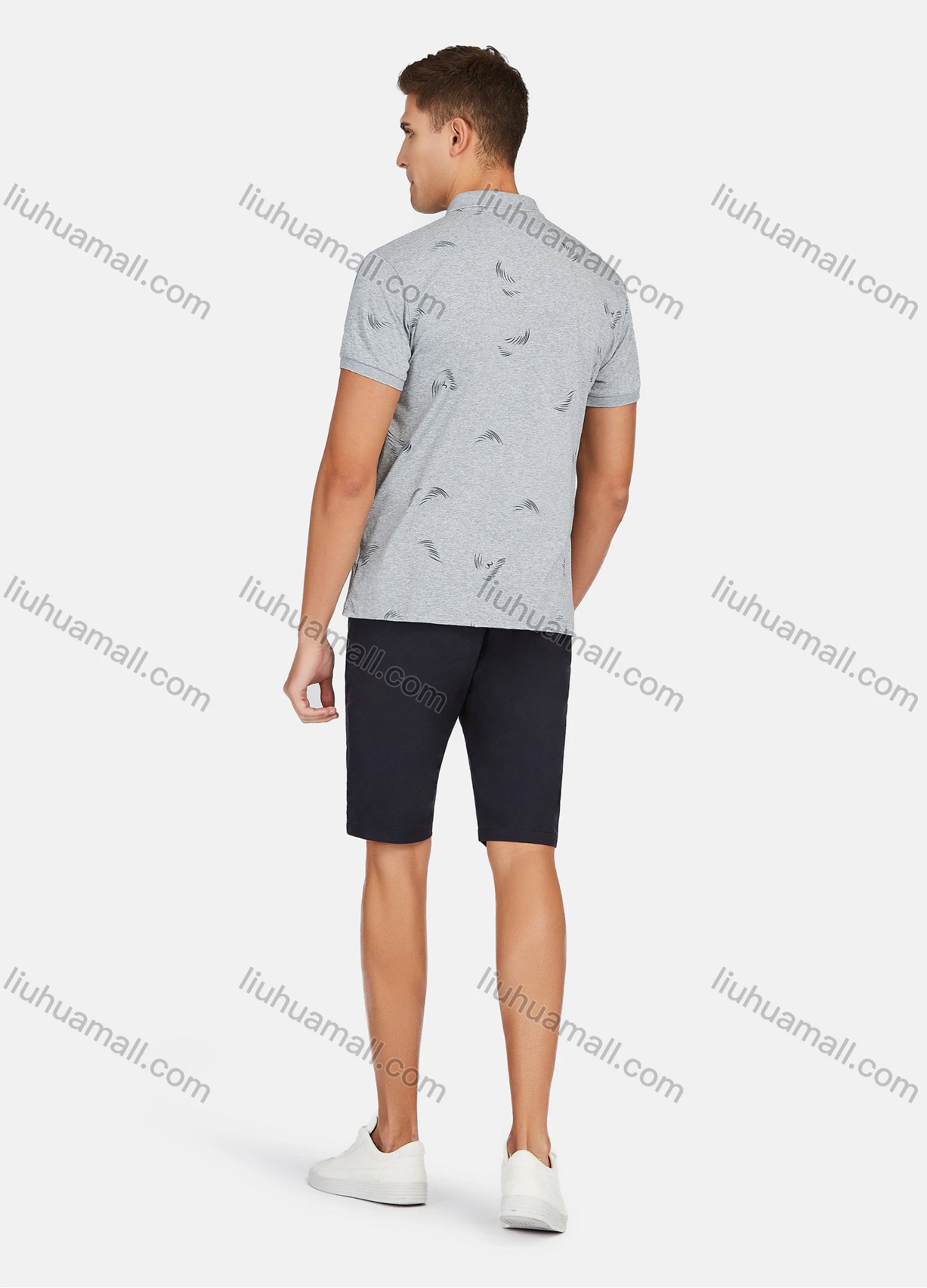 Wholesale Men's Casual Short Sleeve Feather Print Button Front Polo Shirts - Liuhuamall