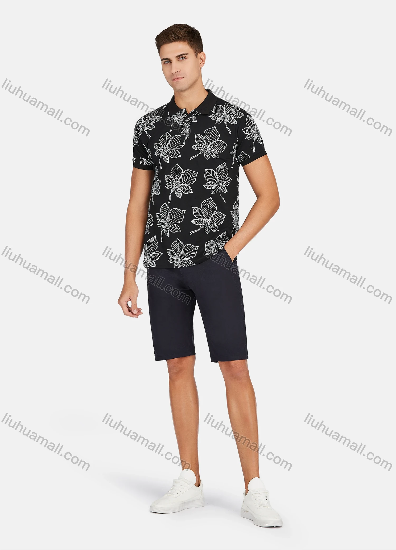 Wholesale Men's Casual Short Sleeve Leaf Print Button Front Polo Shirts - Liuhuamall