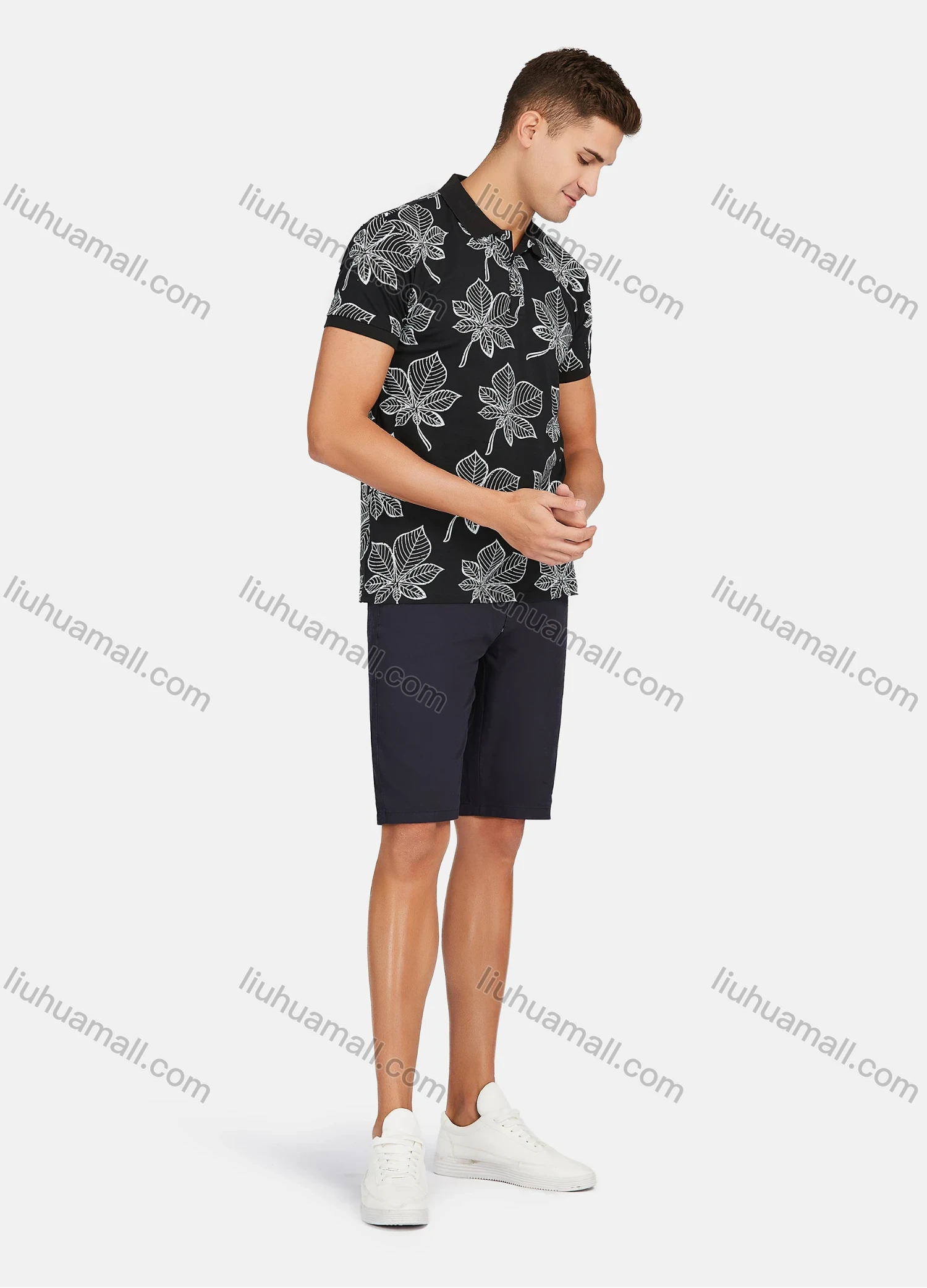 Wholesale Men's Casual Short Sleeve Leaf Print Button Front Polo Shirts - Liuhuamall