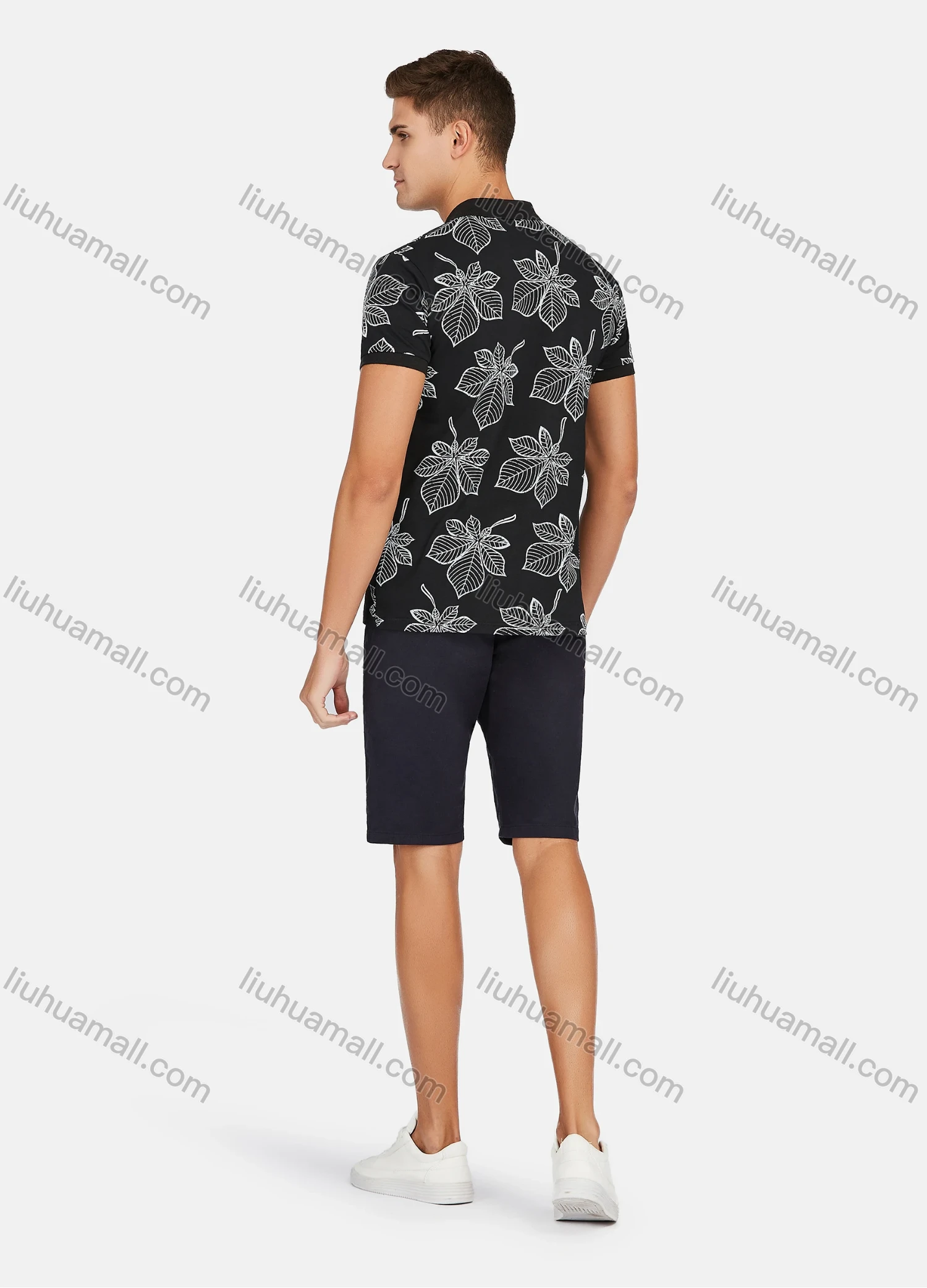 Wholesale Men's Casual Short Sleeve Leaf Print Button Front Polo Shirts - Liuhuamall