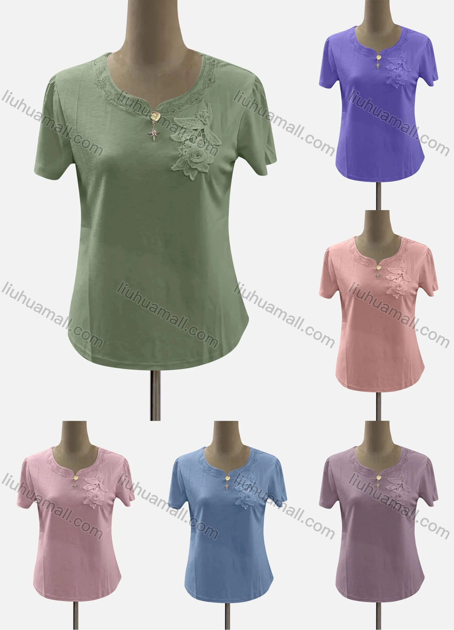 Wholesale Women's Casual Notched Neck Short Sleeve Appliques Blouse - Liuhuamall