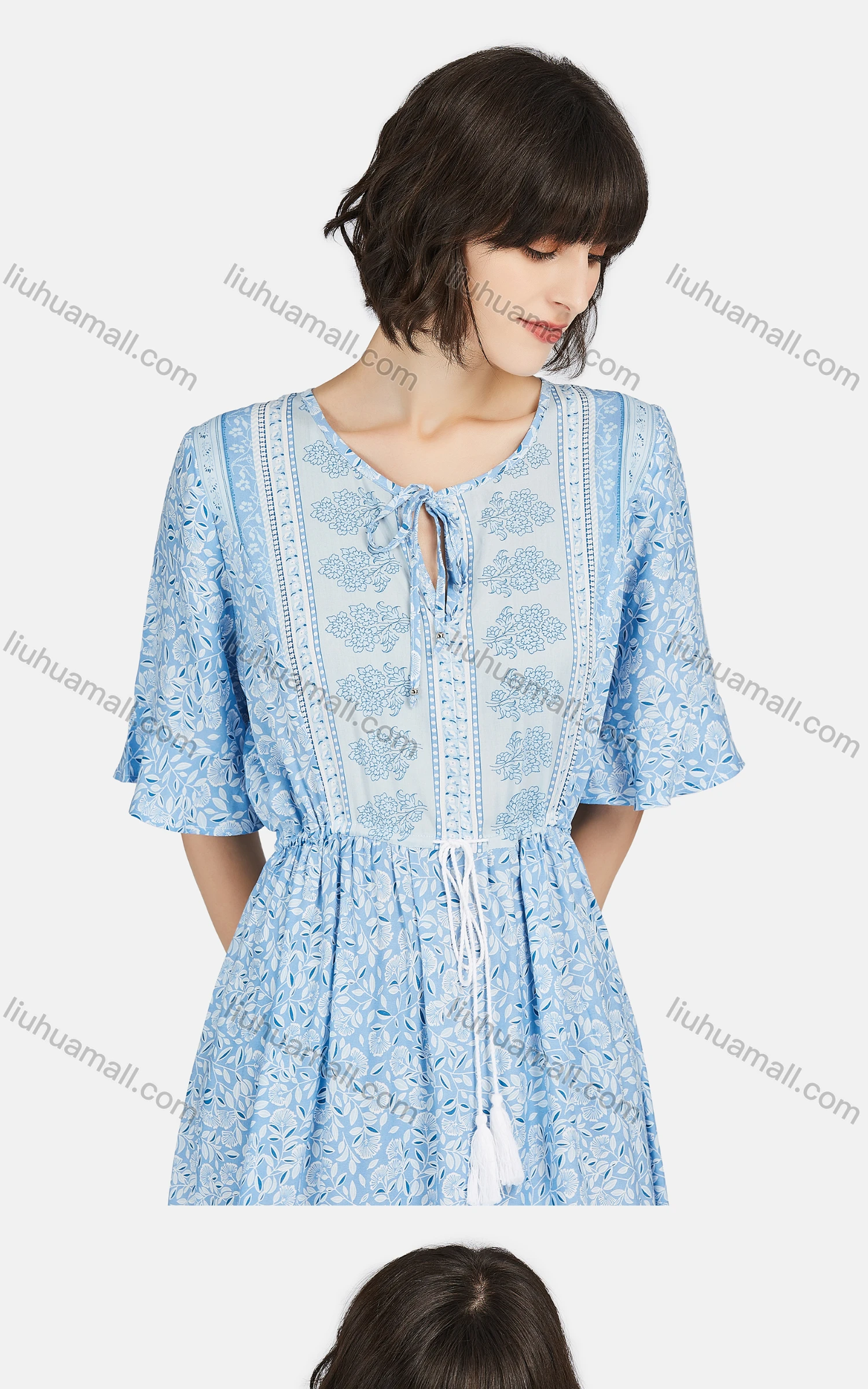 Wholesale Women's Boho Short Sleeve Tie Front Drawstring Ruffle Hem Retro Print Midi Dress - Liuhuamall