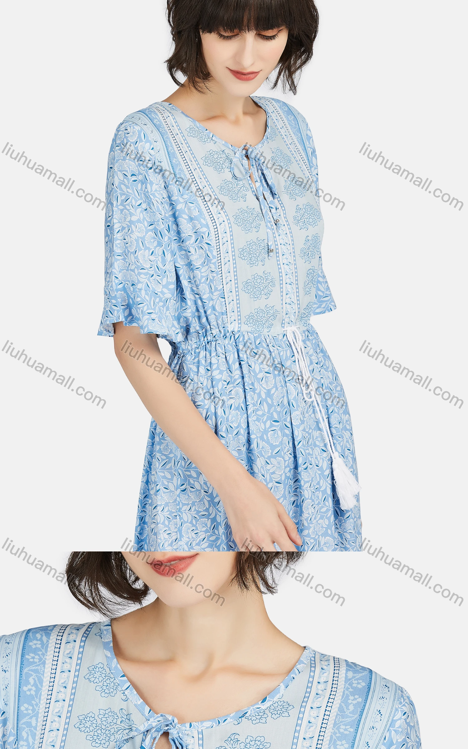 Wholesale Women's Boho Short Sleeve Tie Front Drawstring Ruffle Hem Retro Print Midi Dress - Liuhuamall