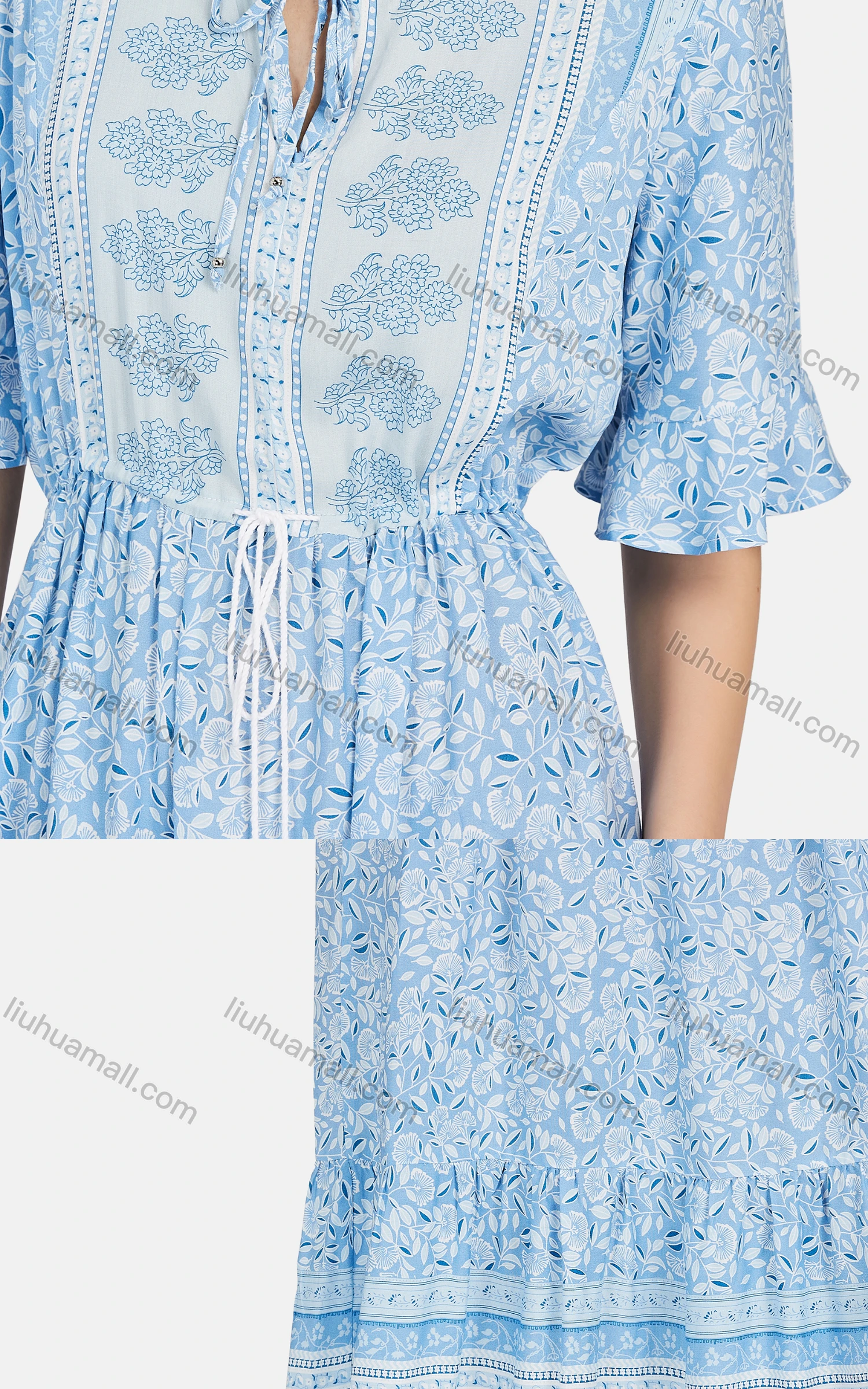 Wholesale Women's Boho Short Sleeve Tie Front Drawstring Ruffle Hem Retro Print Midi Dress - Liuhuamall
