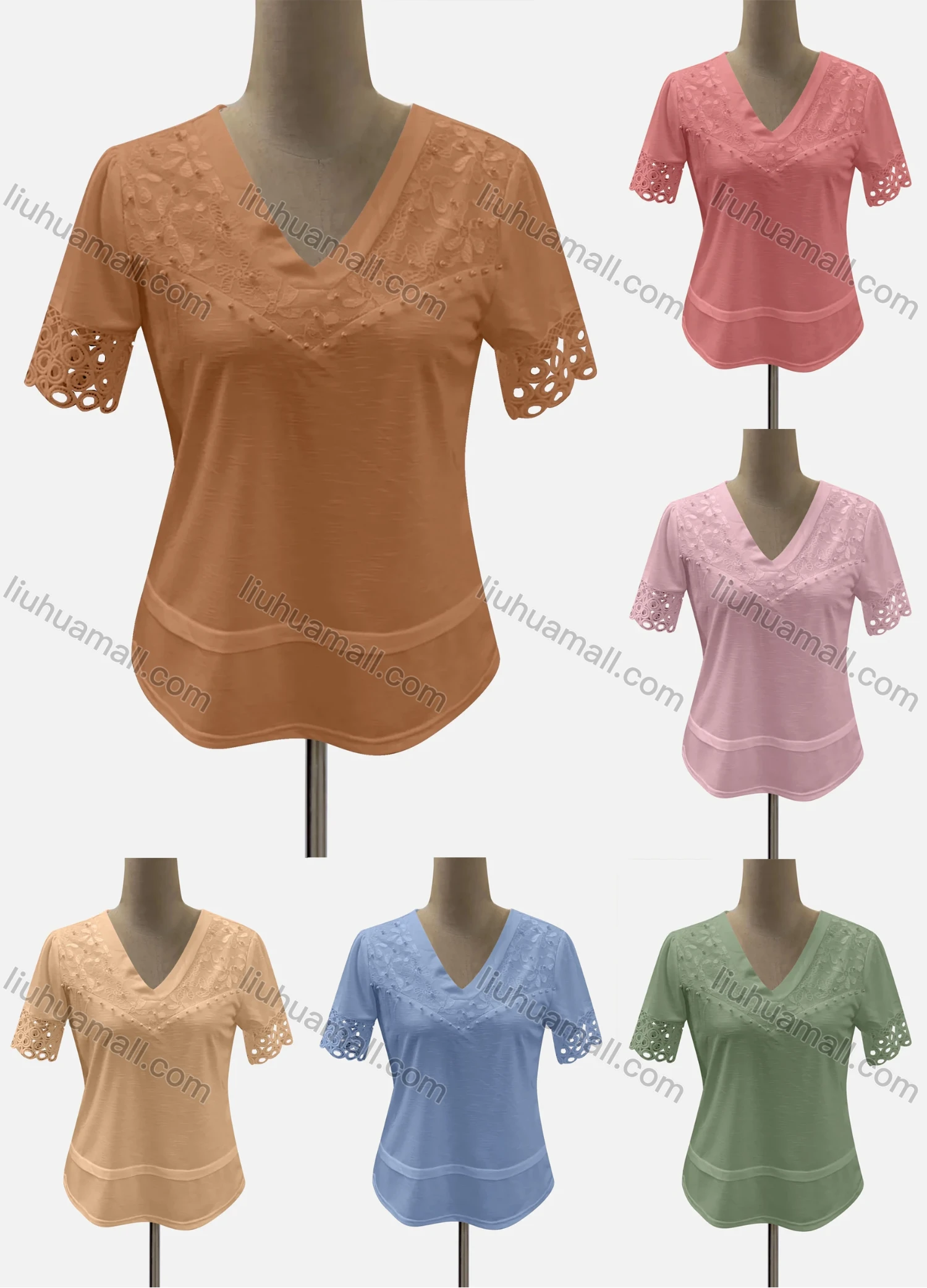 Wholesale Women's Casual V Neck Short Sleeve Hollow Out Blouse - Liuhuamall