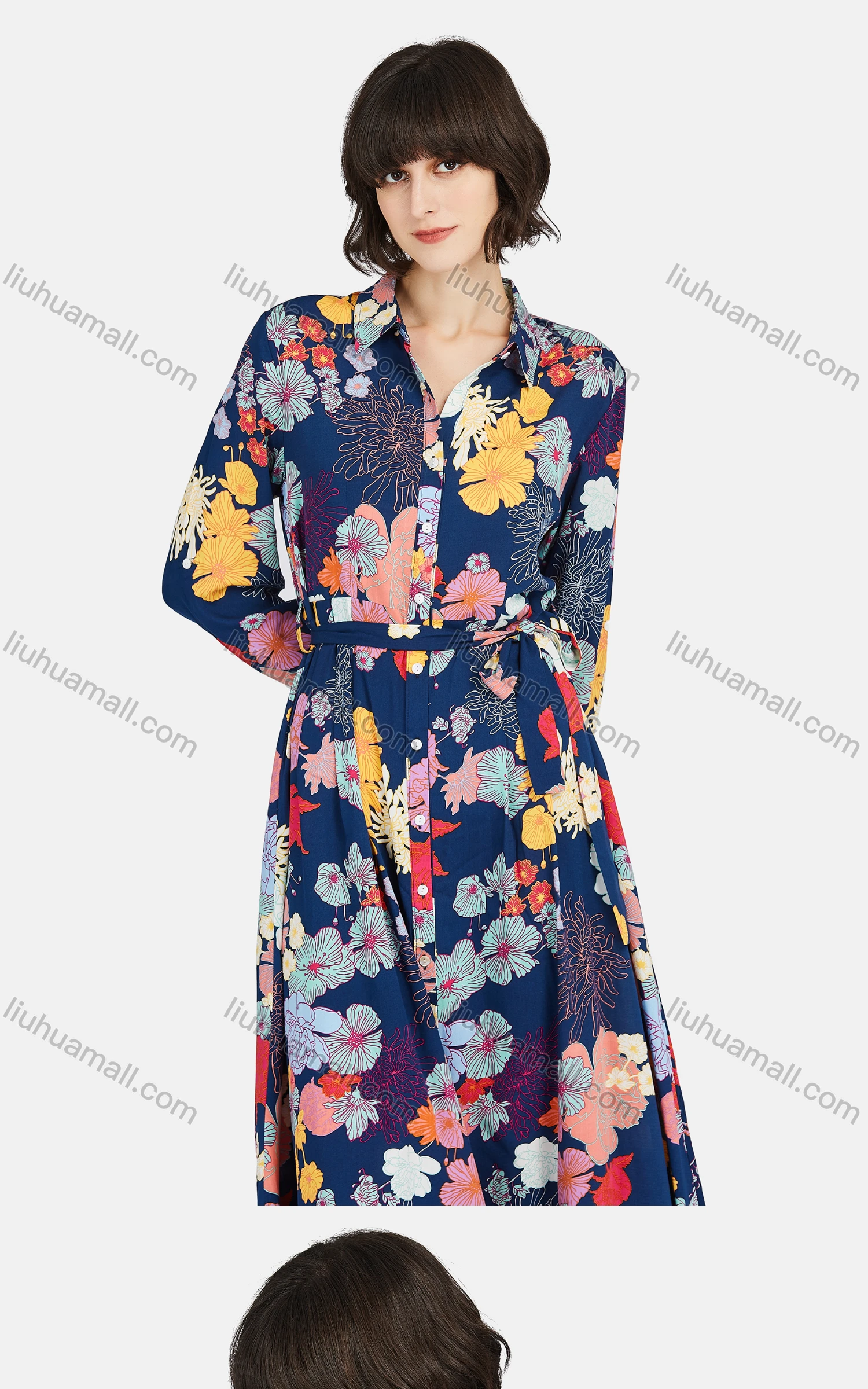 Wholesale Women's Vintage Long Sleeve Button Down Floral Print Shirt Dress With Belt - Liuhuamall