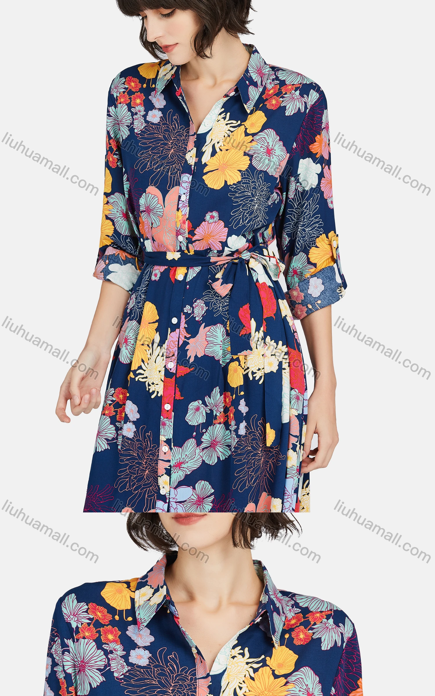 Wholesale Women's Vintage Long Sleeve Button Down Floral Print Shirt Dress With Belt - Liuhuamall