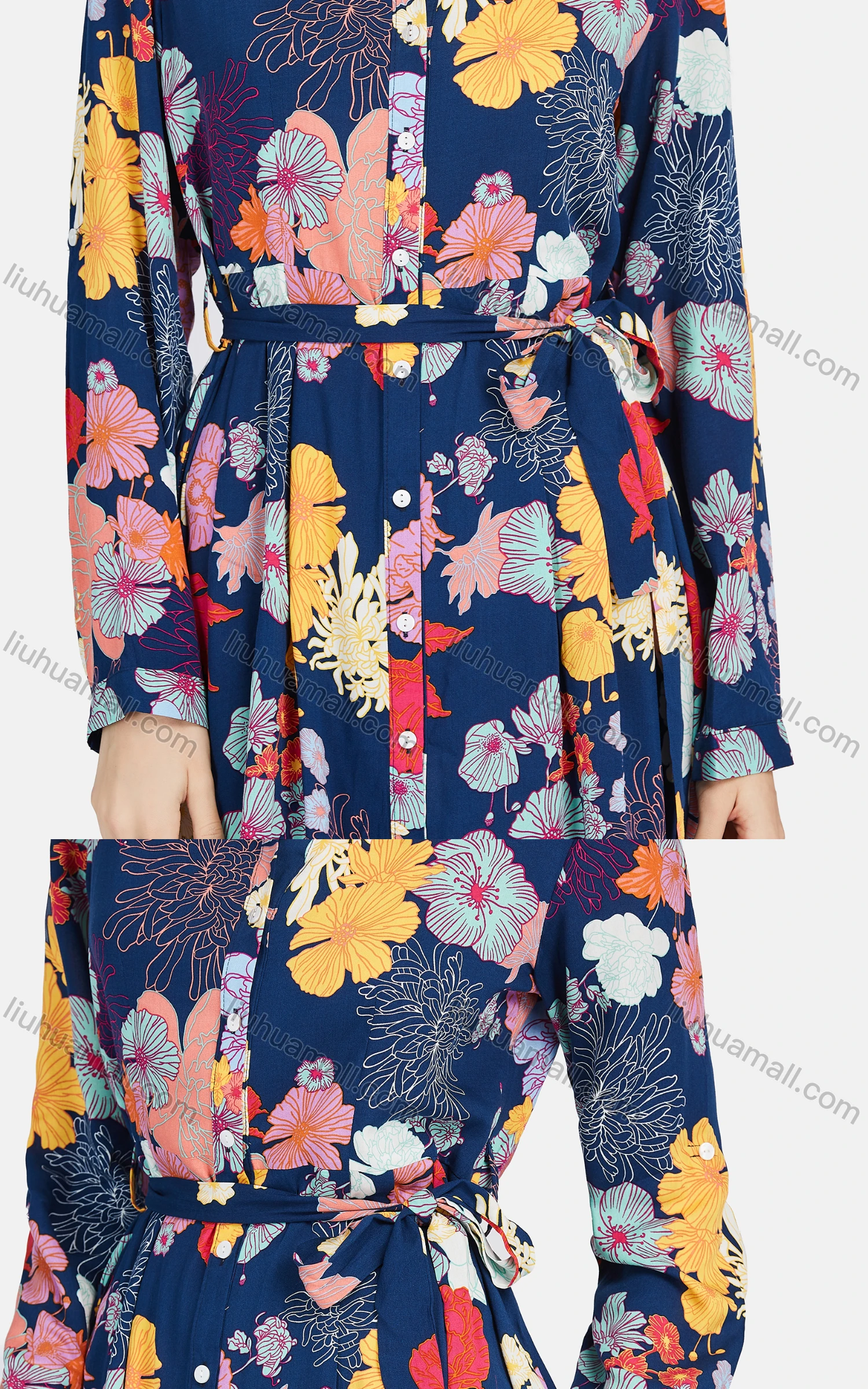 Wholesale Women's Vintage Long Sleeve Button Down Floral Print Shirt Dress With Belt - Liuhuamall