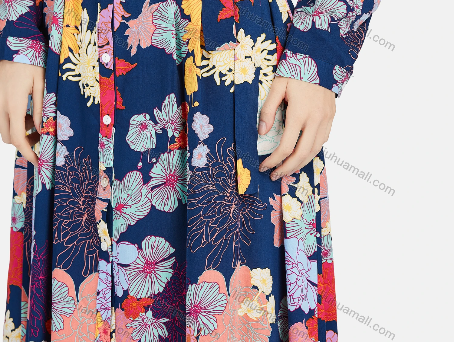 Wholesale Women's Vintage Long Sleeve Button Down Floral Print Shirt Dress With Belt - Liuhuamall