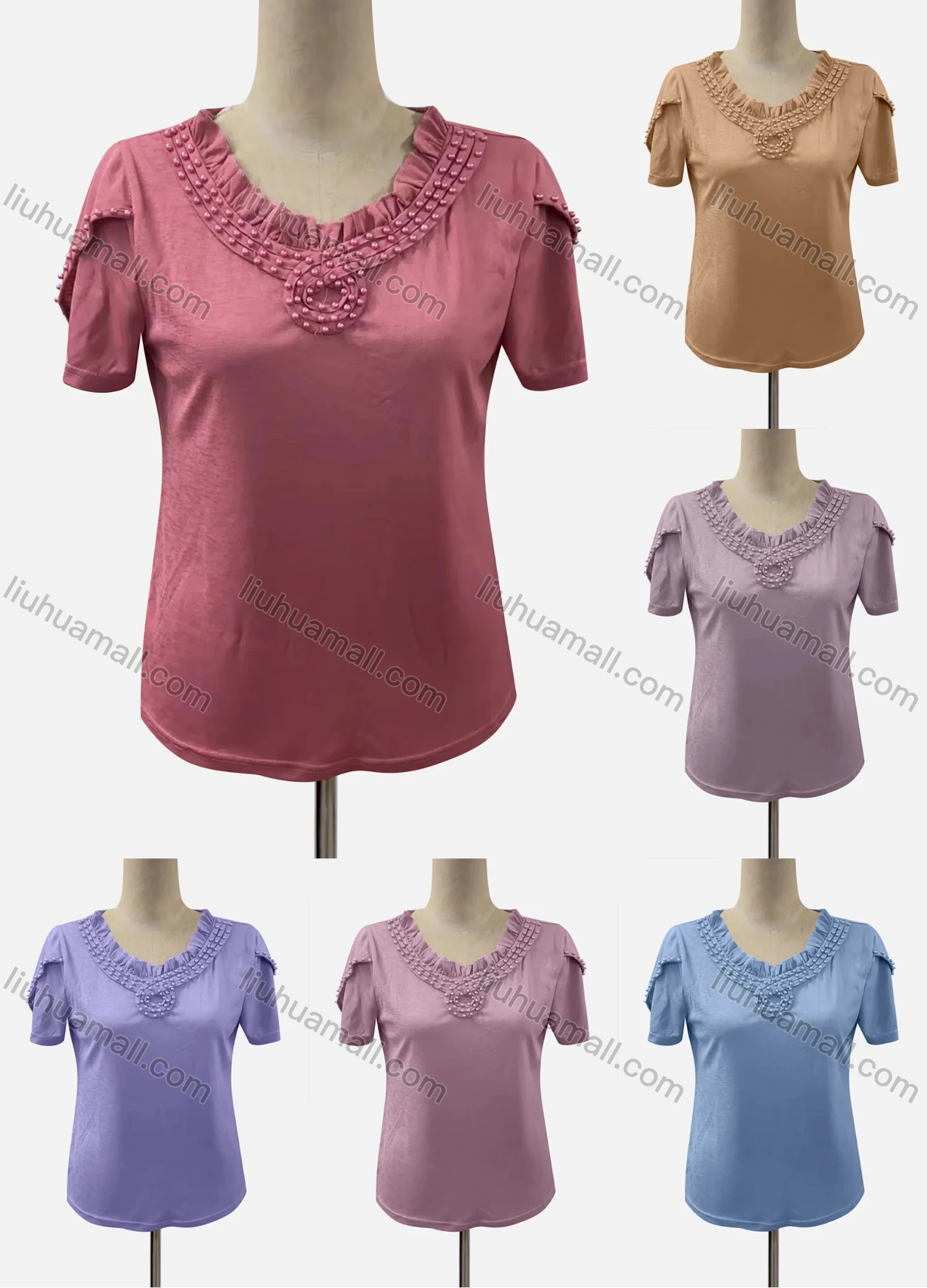 Wholesale Women's Casual Ruffle Neck Petal Sleeve Beaded Blouse - Liuhuamall