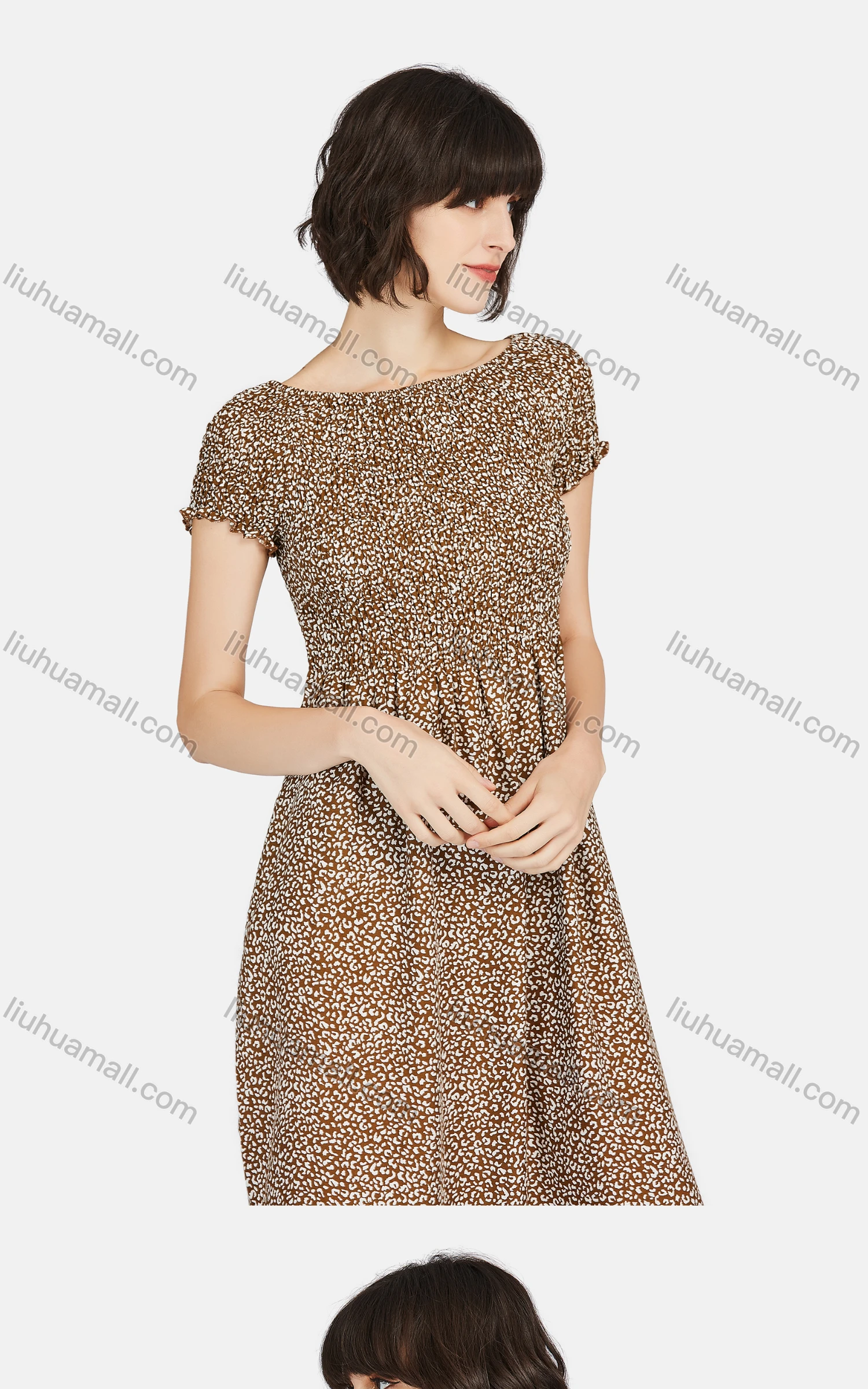 Wholesale Women's Casual Short Sleeve Bateau Neck Allover Print Split Side Midi Dress - Liuhuamall