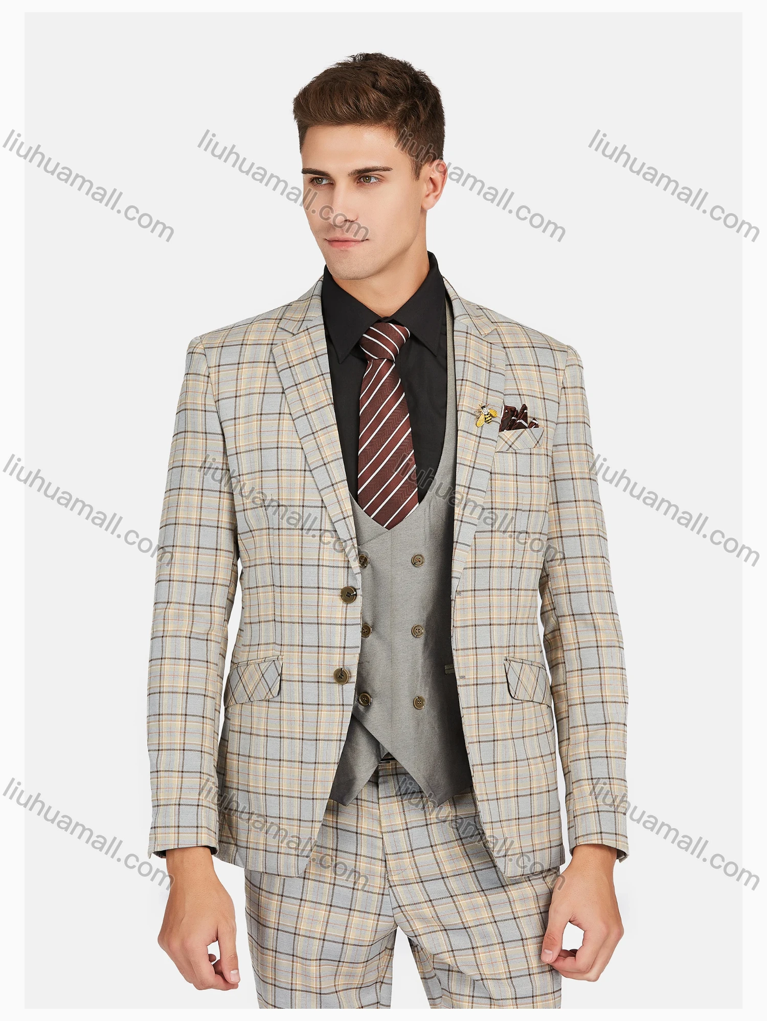 Wholesale Men's Formal Lapel Plaid Pockets Blazer & Waistcoat & Pant 3 Pieces Suit Sets - Liuhuamall