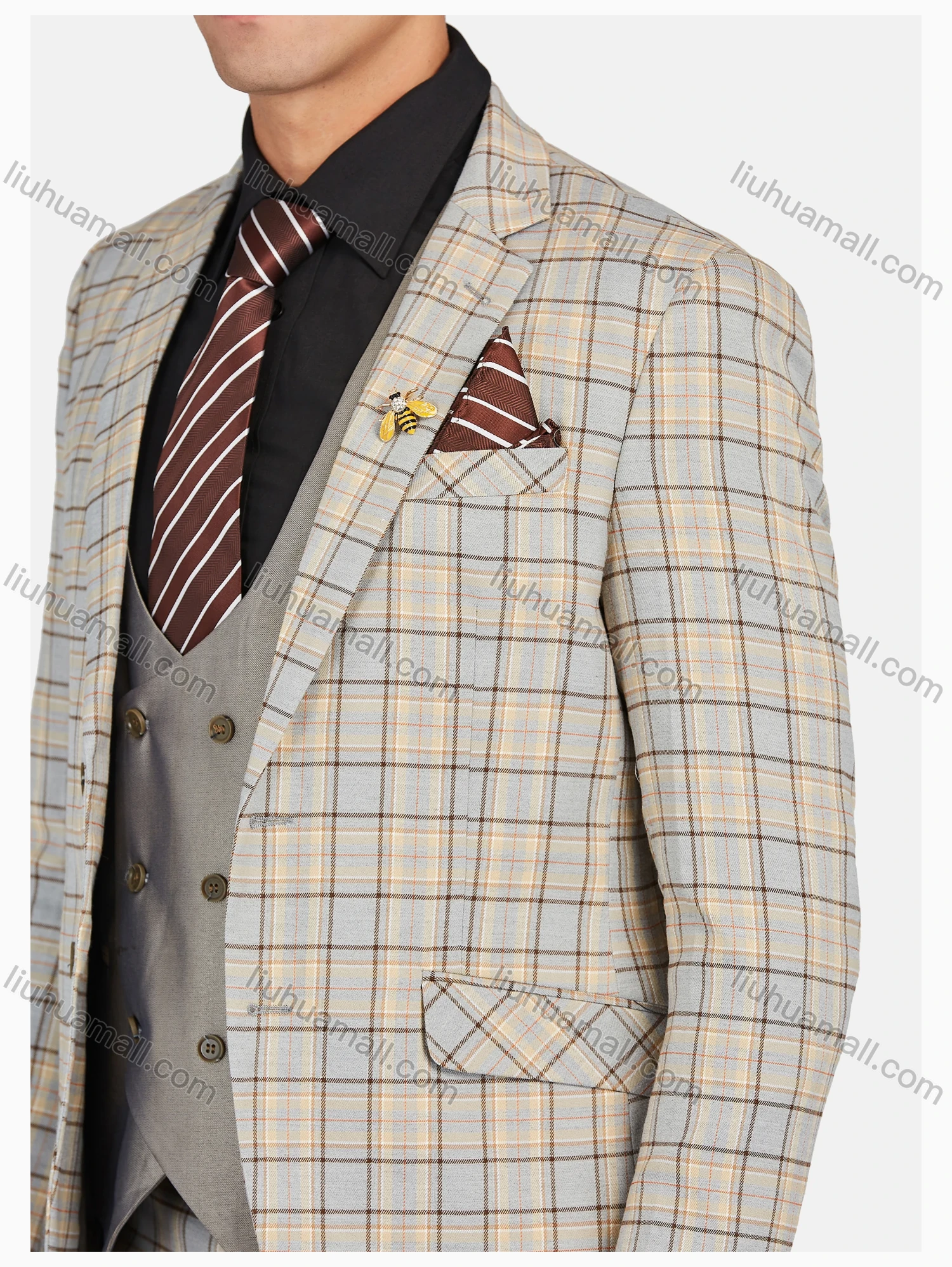 Wholesale Men's Formal Lapel Plaid Pockets Blazer & Waistcoat & Pant 3 Pieces Suit Sets - Liuhuamall