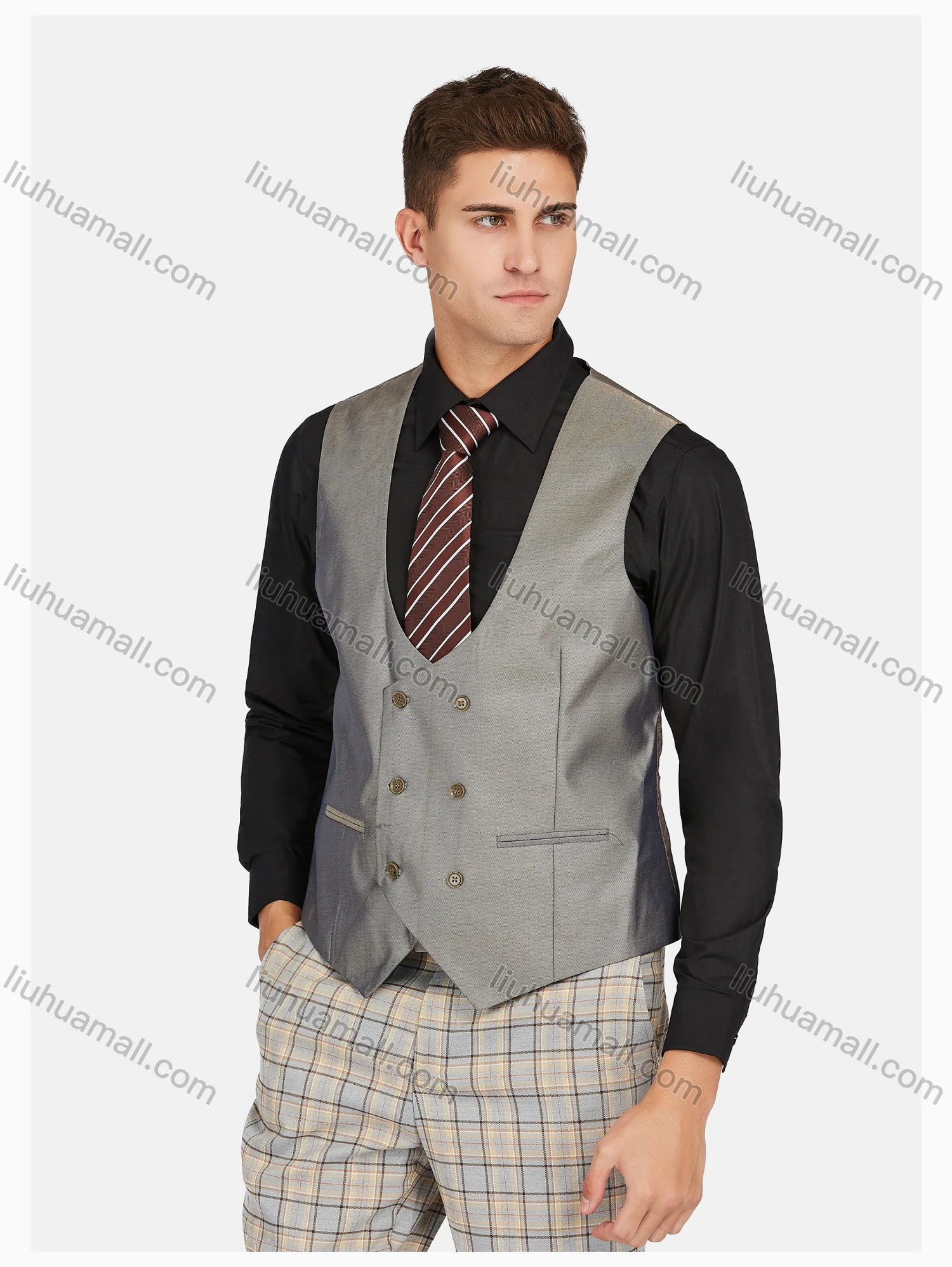 Wholesale Men's Formal Lapel Plaid Pockets Blazer & Waistcoat & Pant 3 Pieces Suit Sets - Liuhuamall