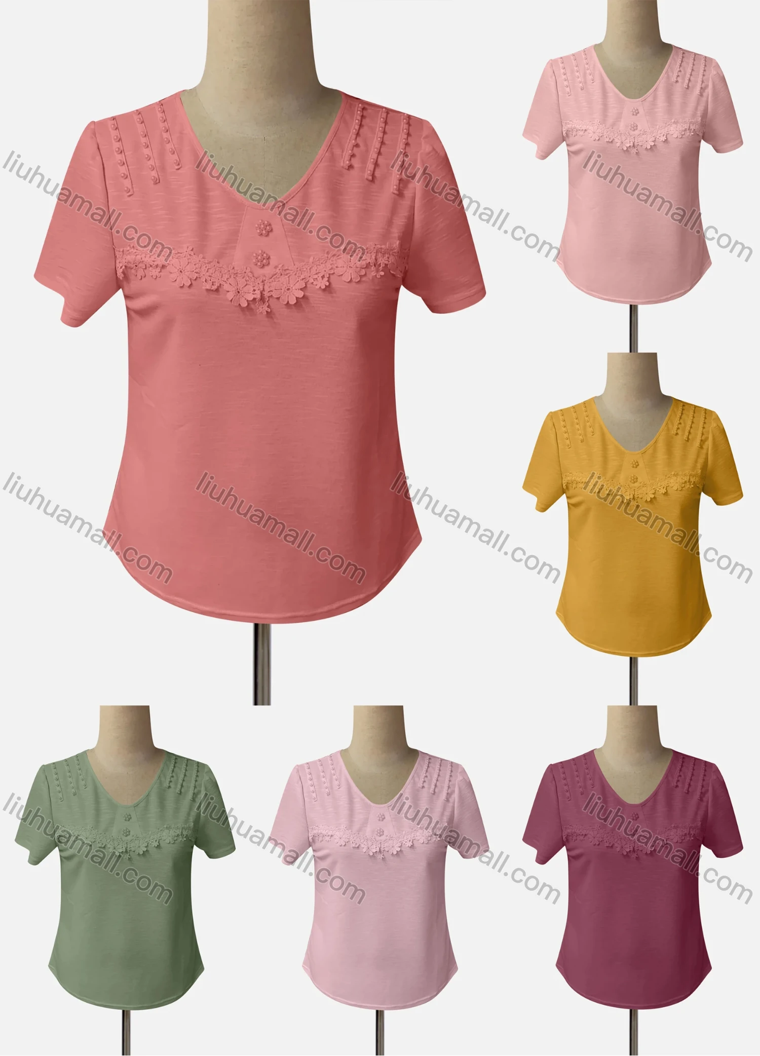 Wholesale Women's Casual V Neck Short Sleeve Appliques Beaded Blouse - Liuhuamall