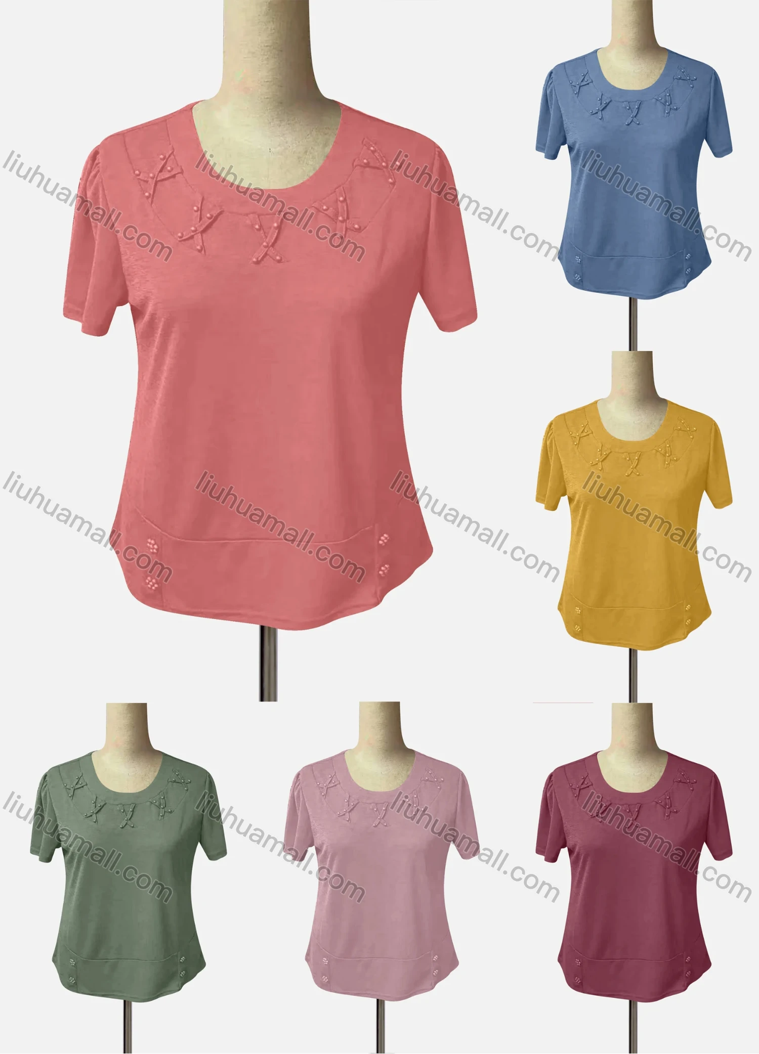 Wholesale Women's Casual Crew Neck Short Sleeve Beaded Blouse - Liuhuamall